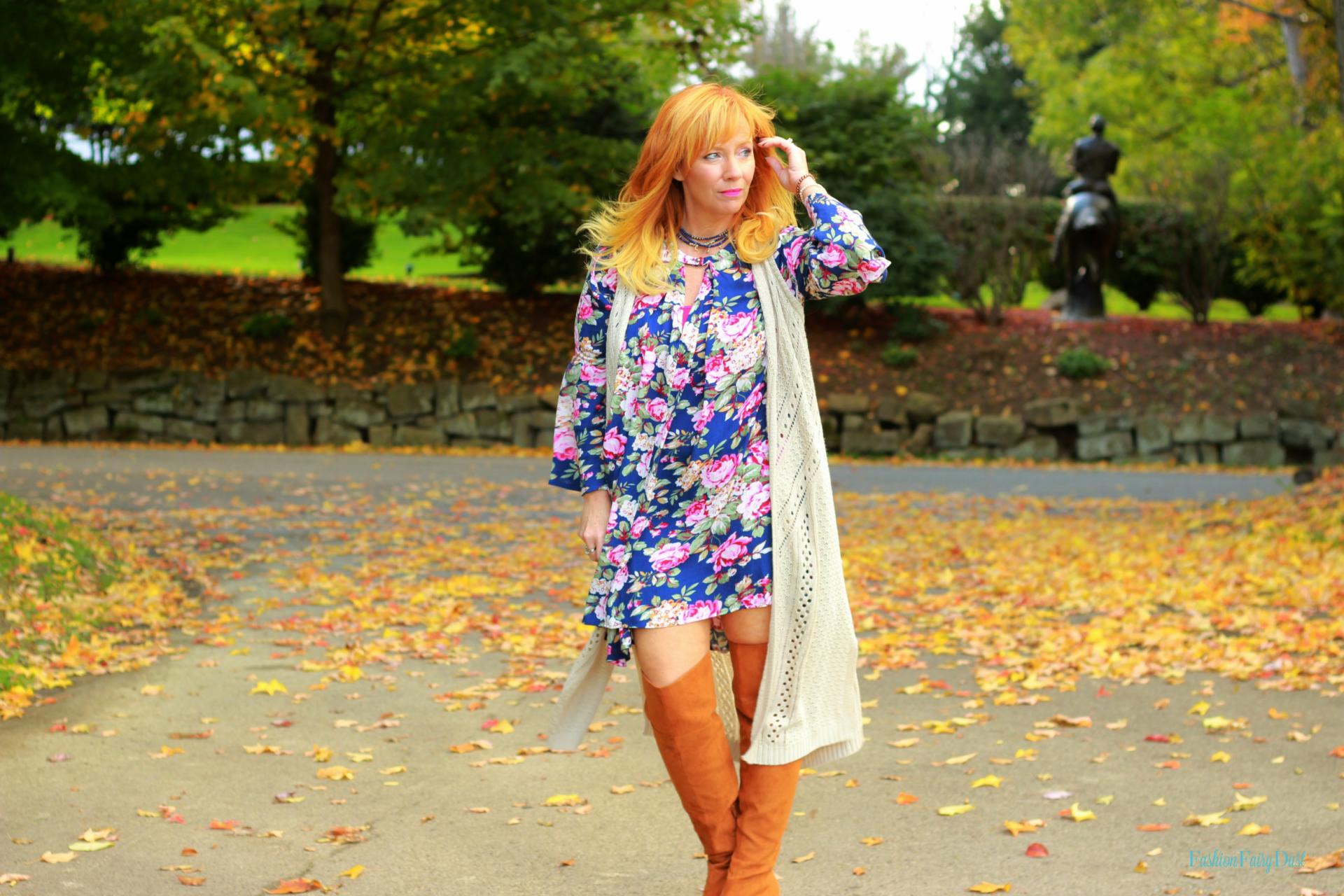 Blue floral print boho dress and over the knee boots. Fall boho outfit.