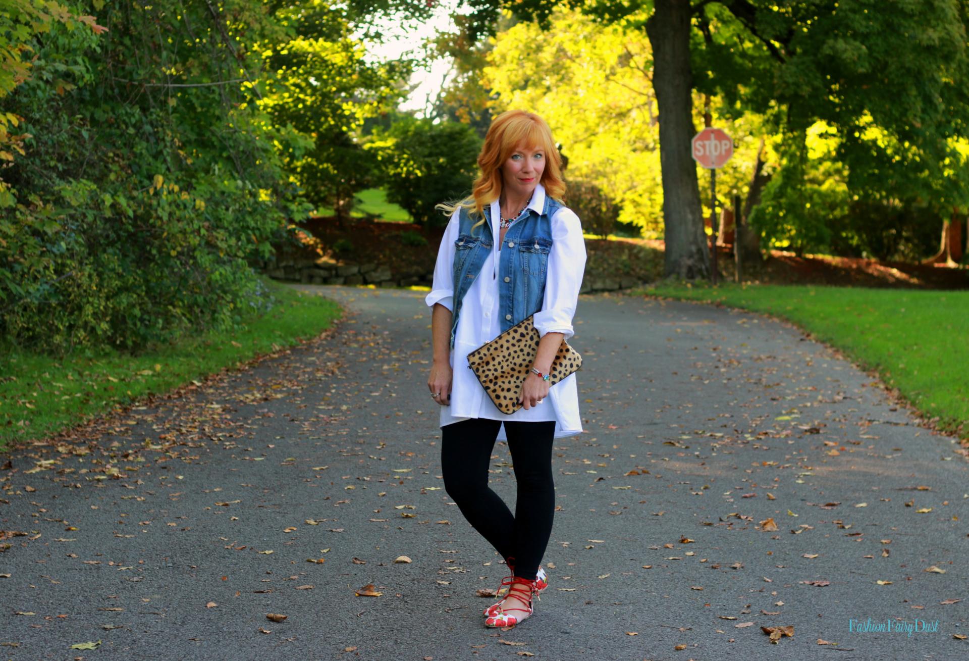 White tunic, floral lace up flats and leggings. Building an outfit around a single piece.