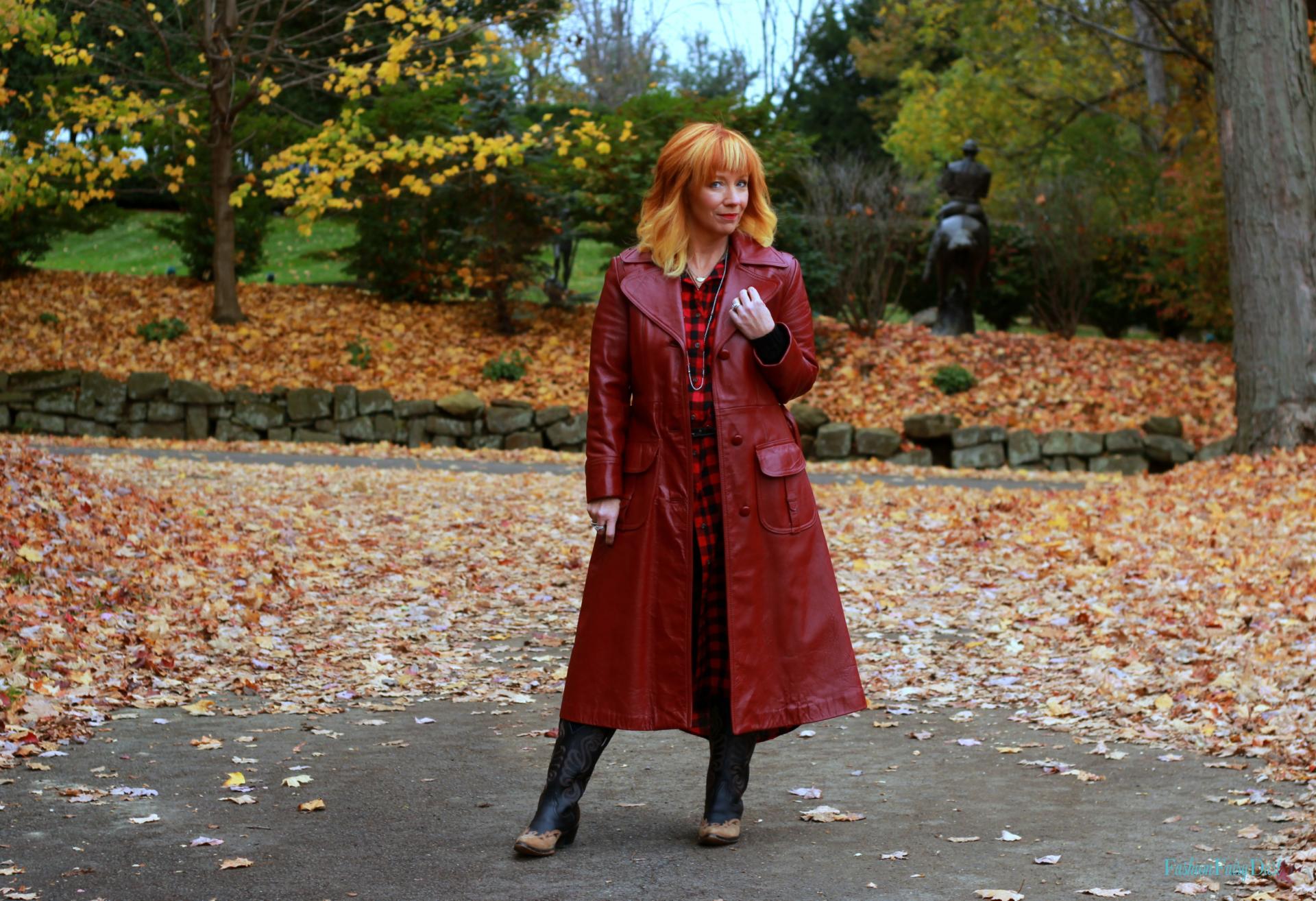 Vintage red leather coat, buffalo plaid duster, cowboy boots. Fall outfit ideas.