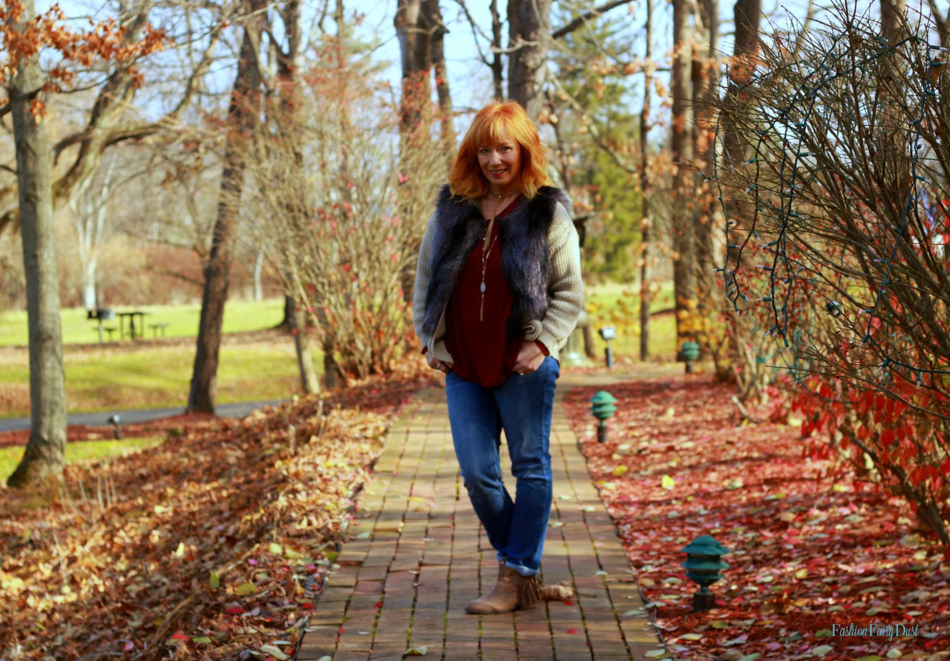 Angels jeans, fringe boots and fur vest. Fall outfit inspiration.