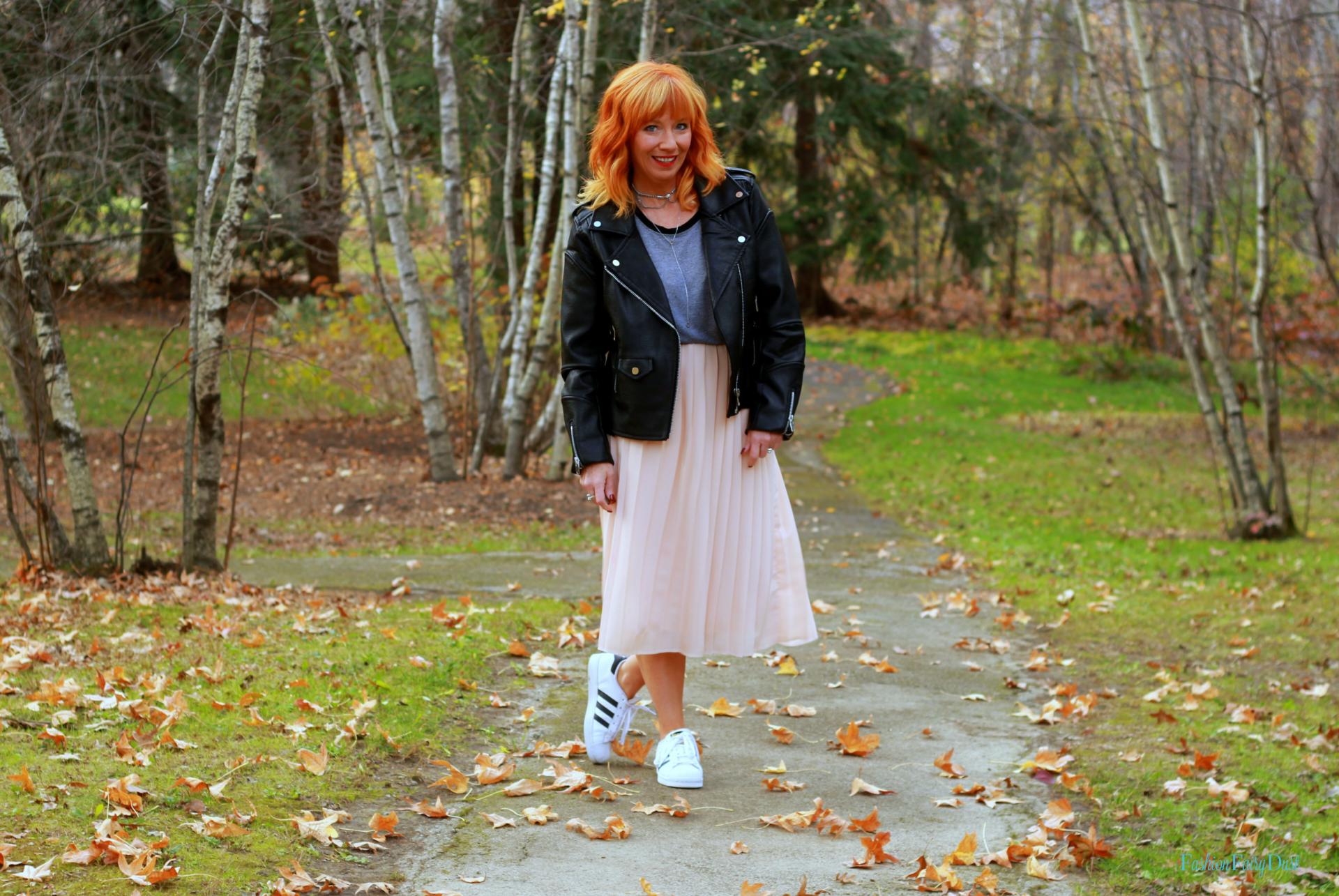 Chiffon midi skirt, Adidas Superstars & moto jacket. How to mix masculine and feminine pieces.