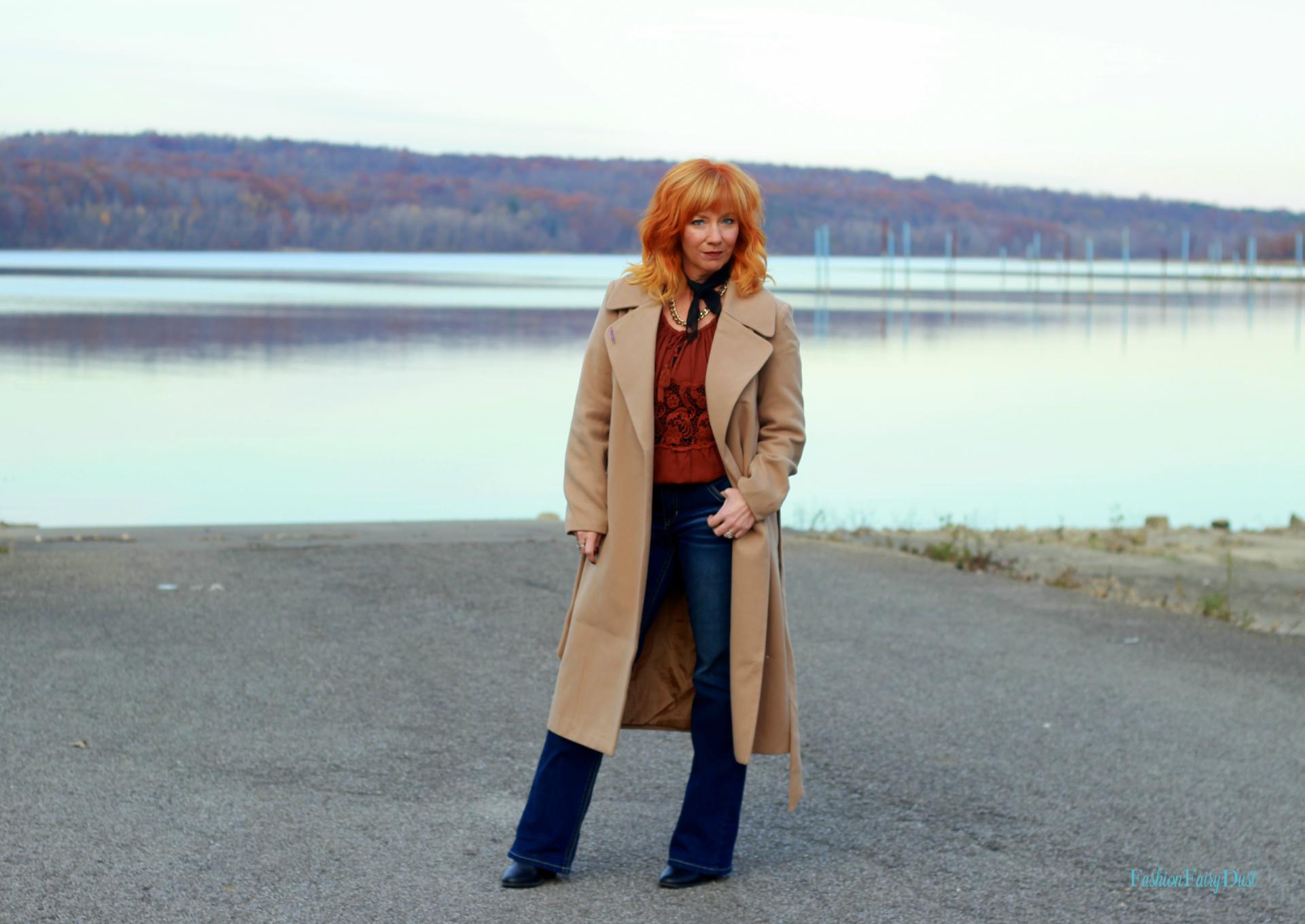 Angels bootcut jeans, peasant top and shawl collar coat. How to style bootcut jeans.