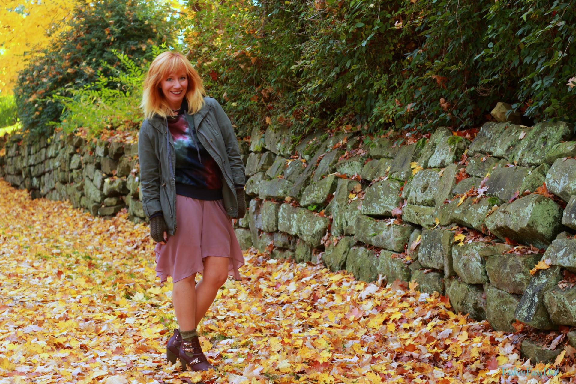 Tie dye hoodie, pink chiffon skirt and hand warmers. How to pair unexpected pieces together.