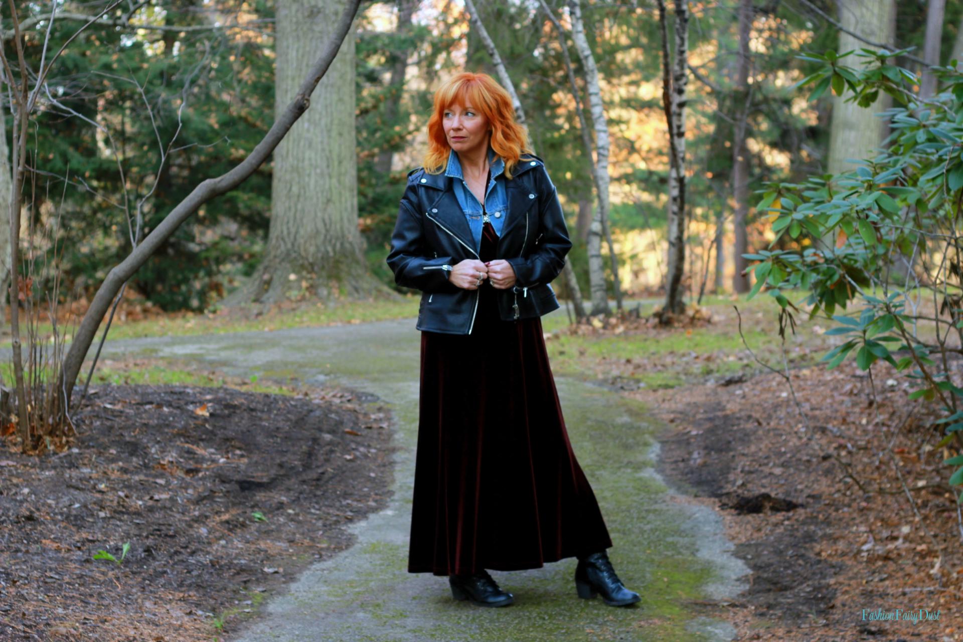 Vintage velvet maxi dress, moto jacket and denim vest. How to style a casual glam outfit.