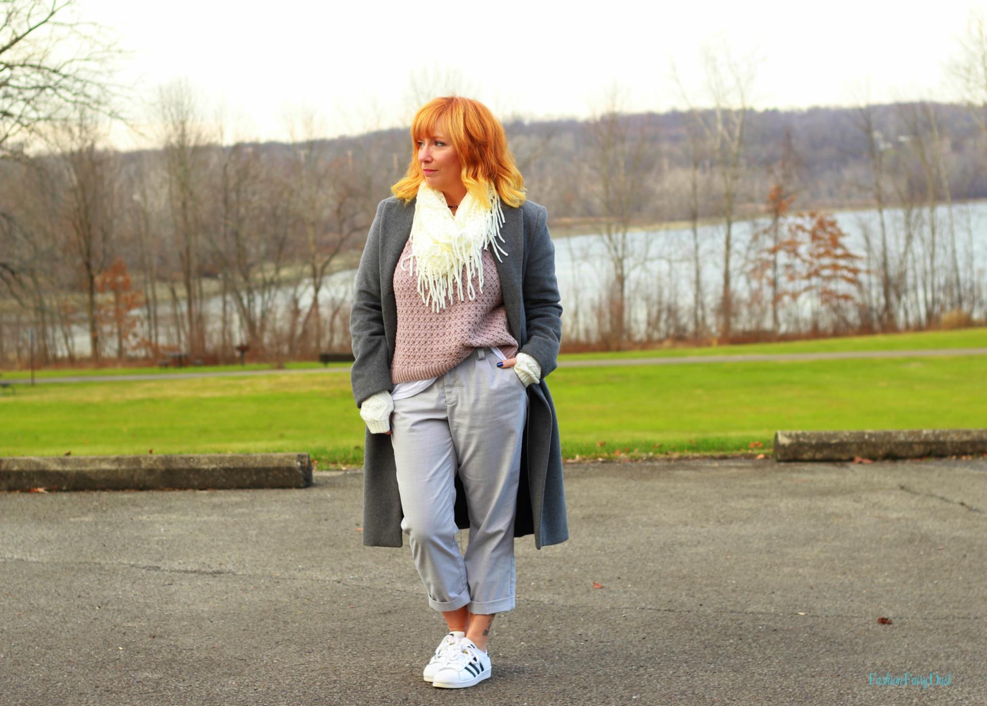 Pink hi-lo sweater, Ettika bracelet stack and gray pants. How to mix casual and professional style.