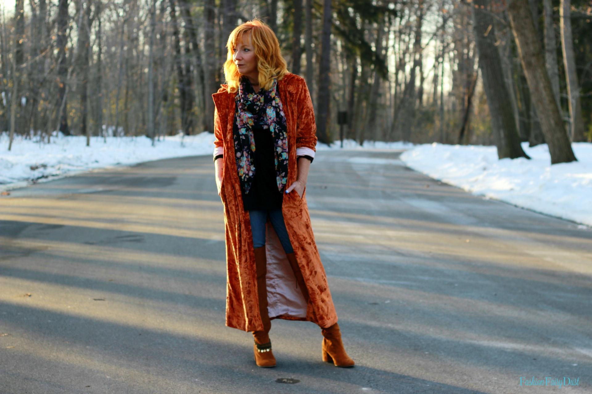 Rust velvet duster, brown over the knee boots and floral scarf. How to use one statement piece to make an outfit.
