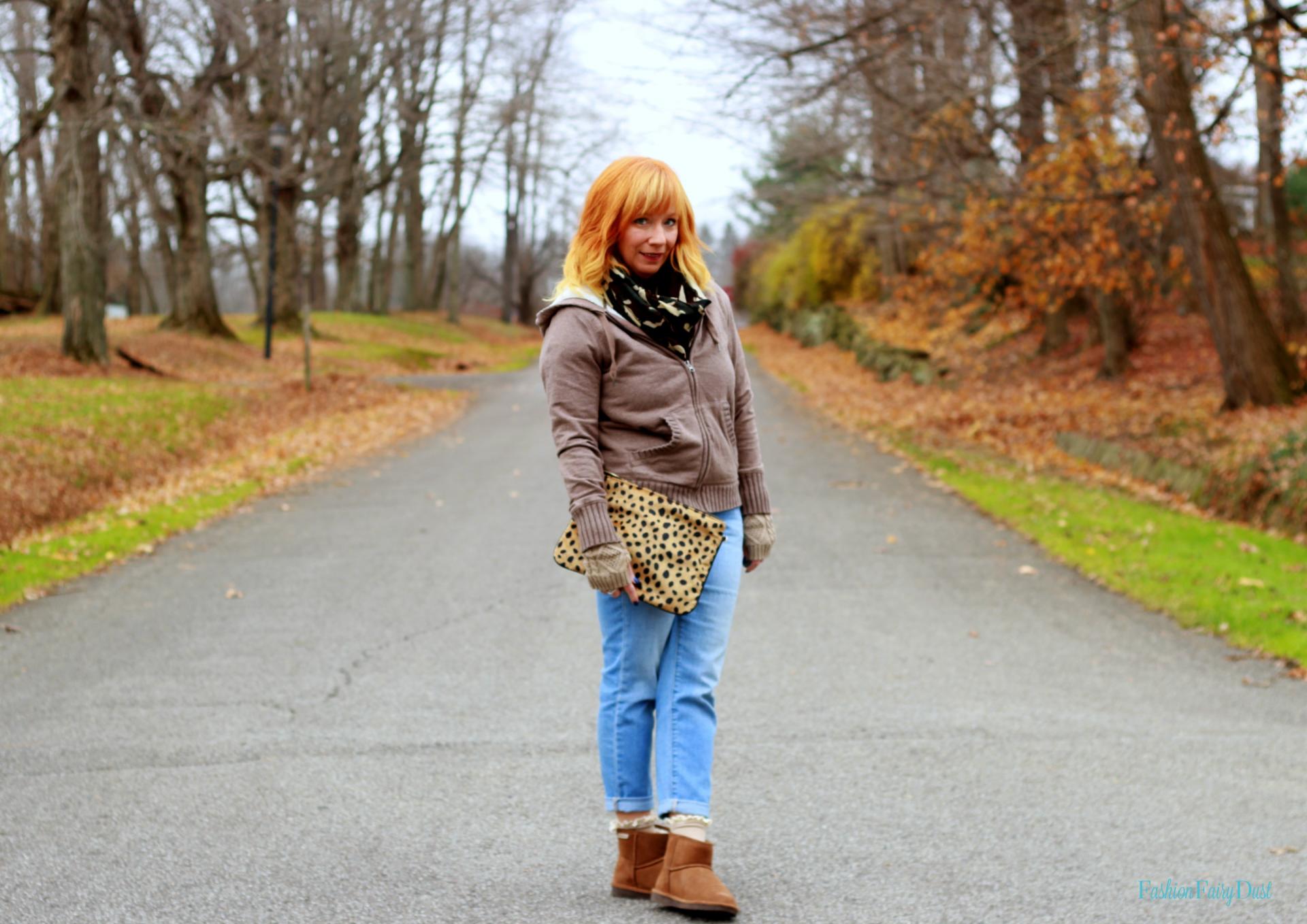 Bearpaw Boots, waffle knit top, camo scarf and fingerless gloves. How to stay warm but still look good.