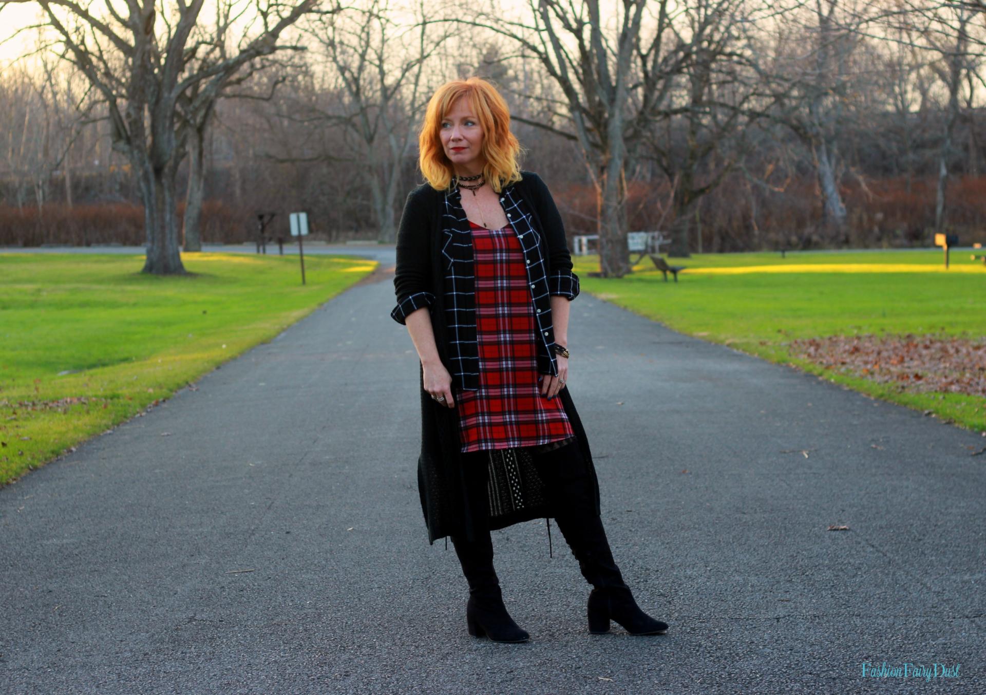 Plaid slip dress, black over the knee boots, black duster. How to mix plaids.