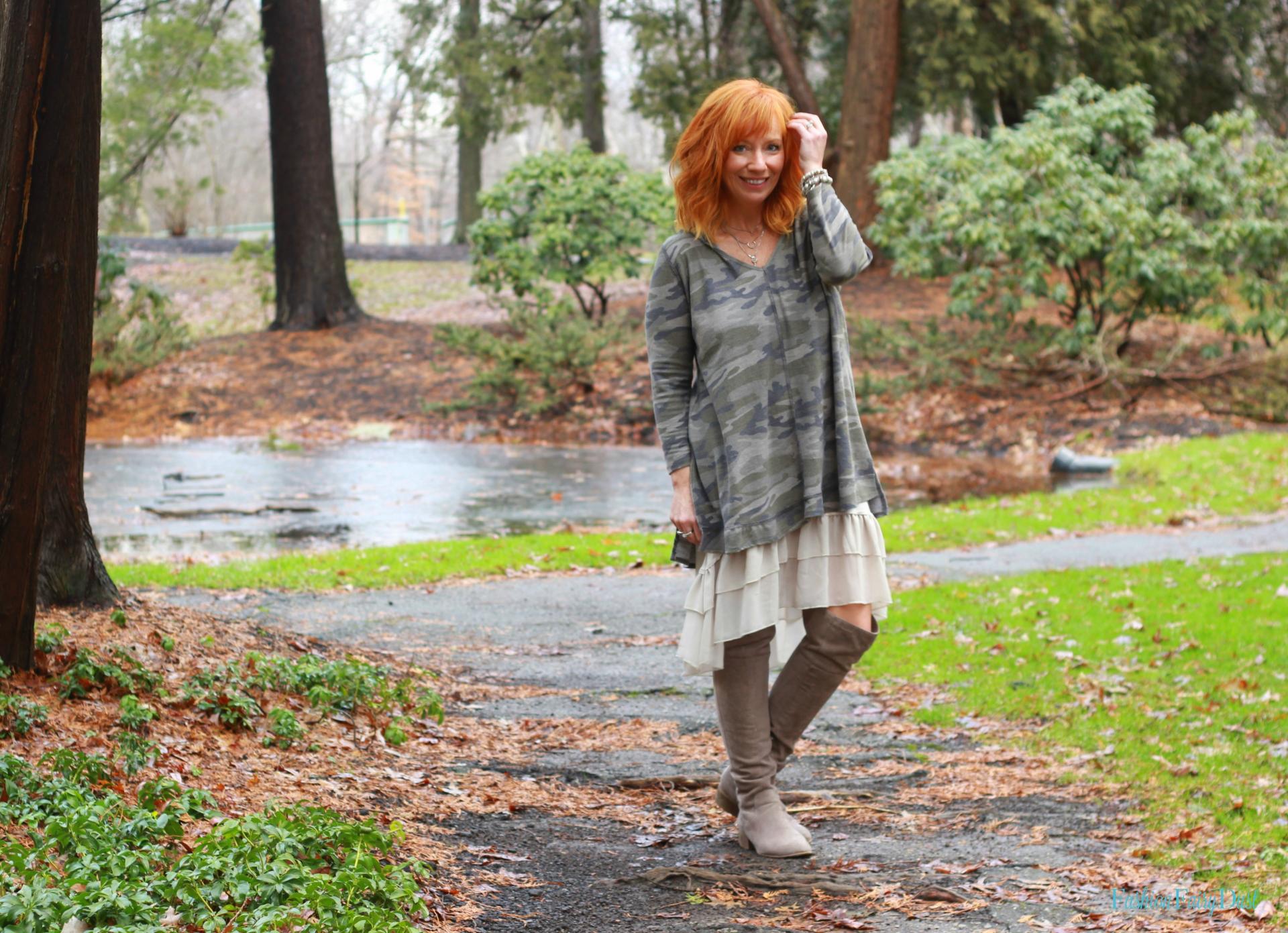 Camo tunic, ruffle skirt extender and over the knee boots. How to style a tunic as a dress.