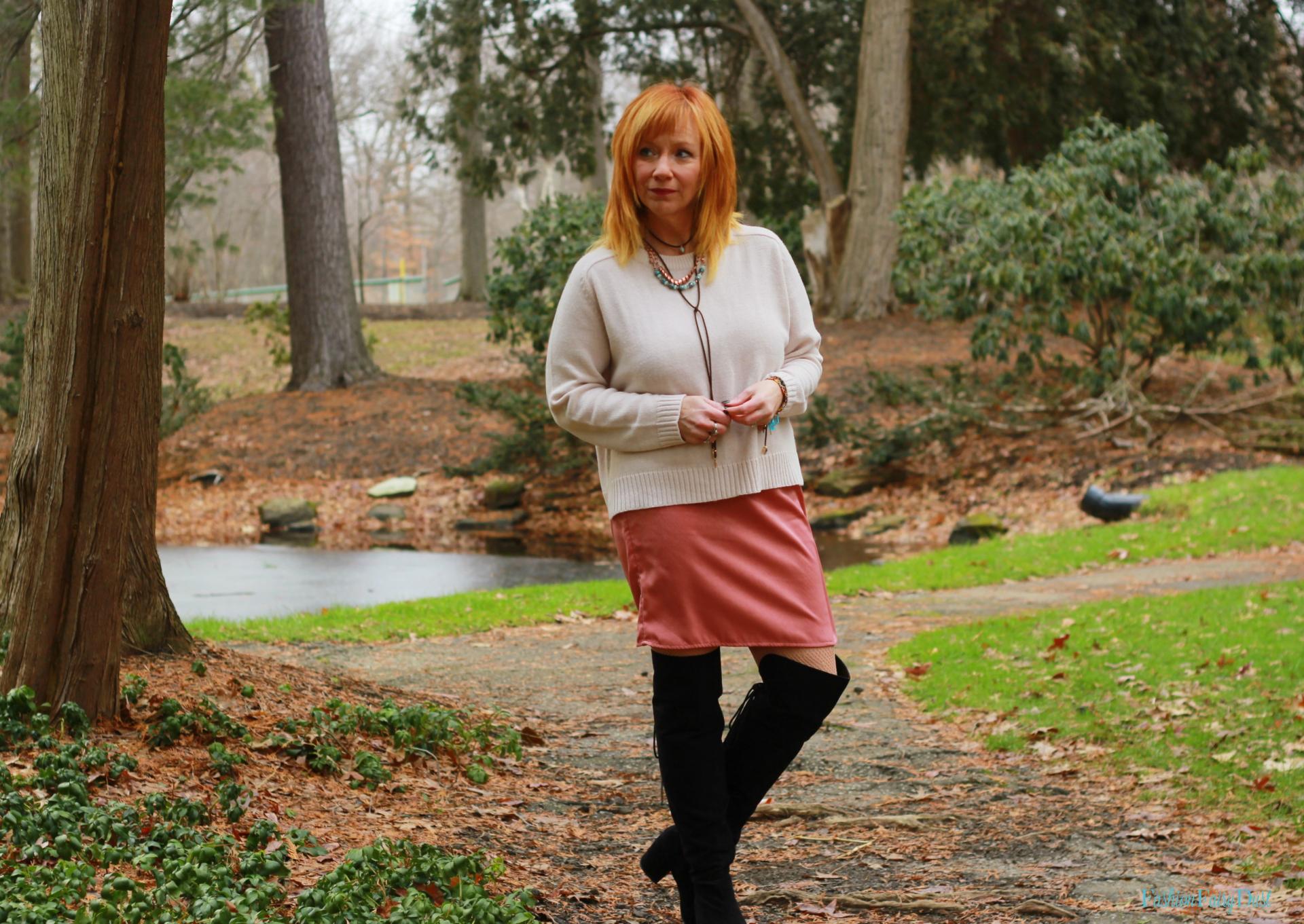 Pink slip dress, otk boots and sweater. Adding pops of color to an outfit.