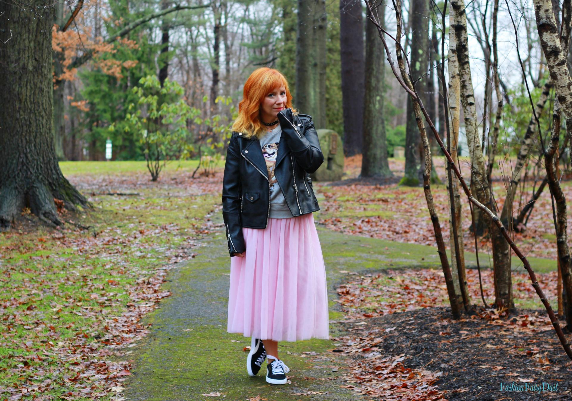 pink tulle skirt, moto jacket and Puma sneakers. How to dress down a tulle skirt.