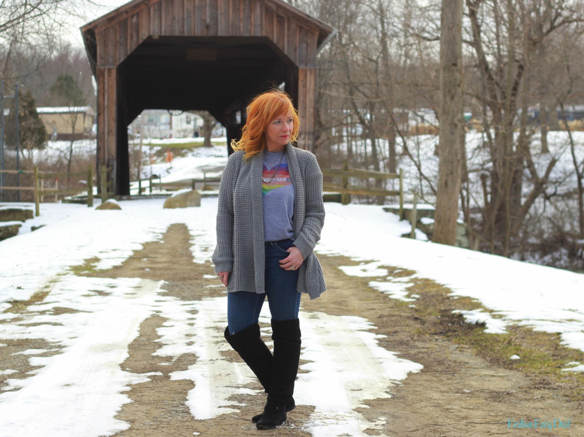 HRC graphic tee, chunky cardigan and over the knee boots. Weekend casual outfit.