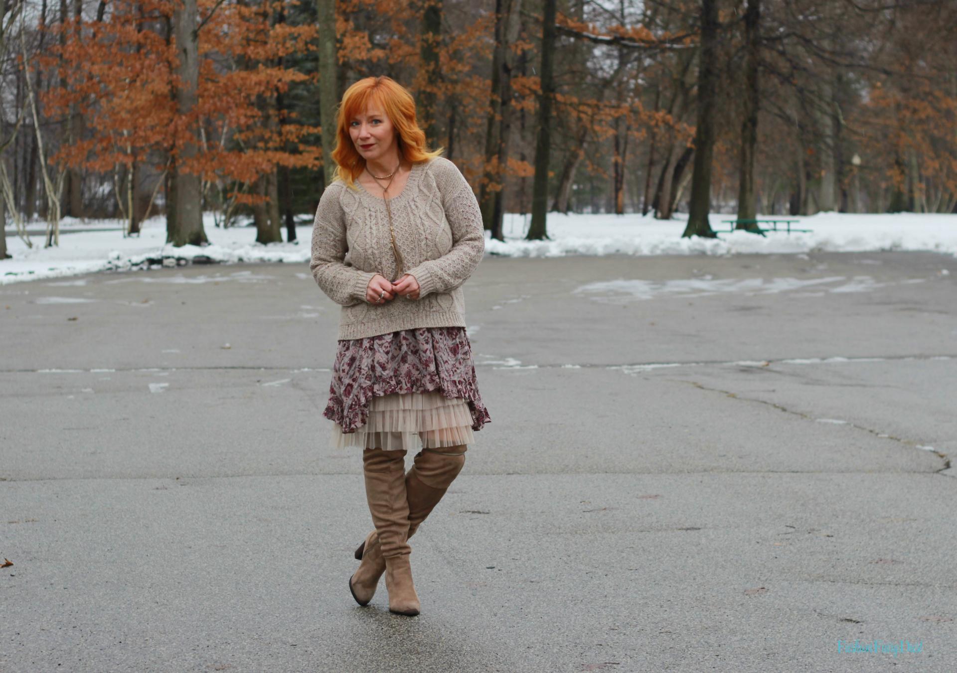 Free People Paisley Tunic, tulle skirt extender and cable knit sweater.