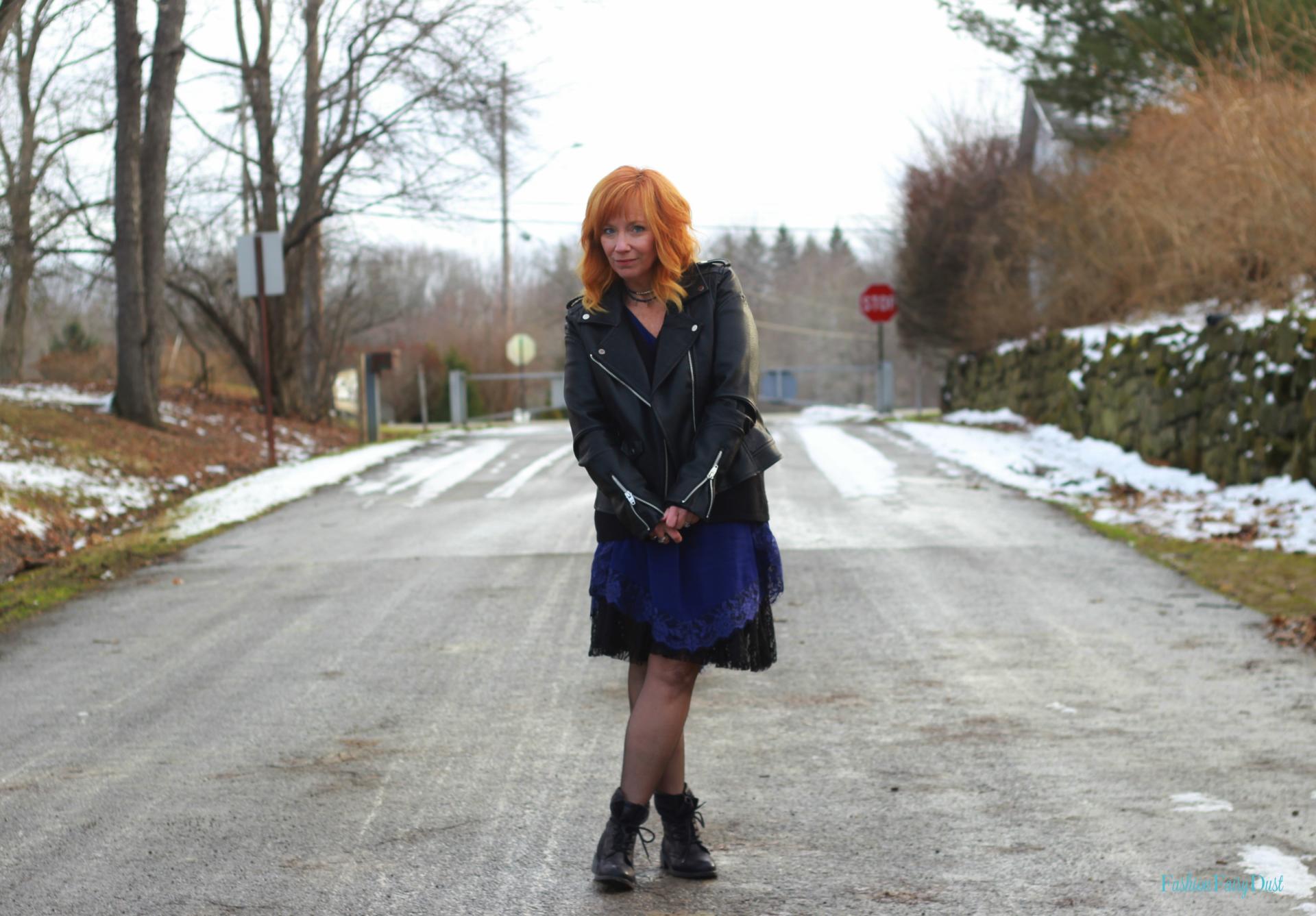 Blue slip dress, moto jacket & combat boots. How to layer lace pieces.