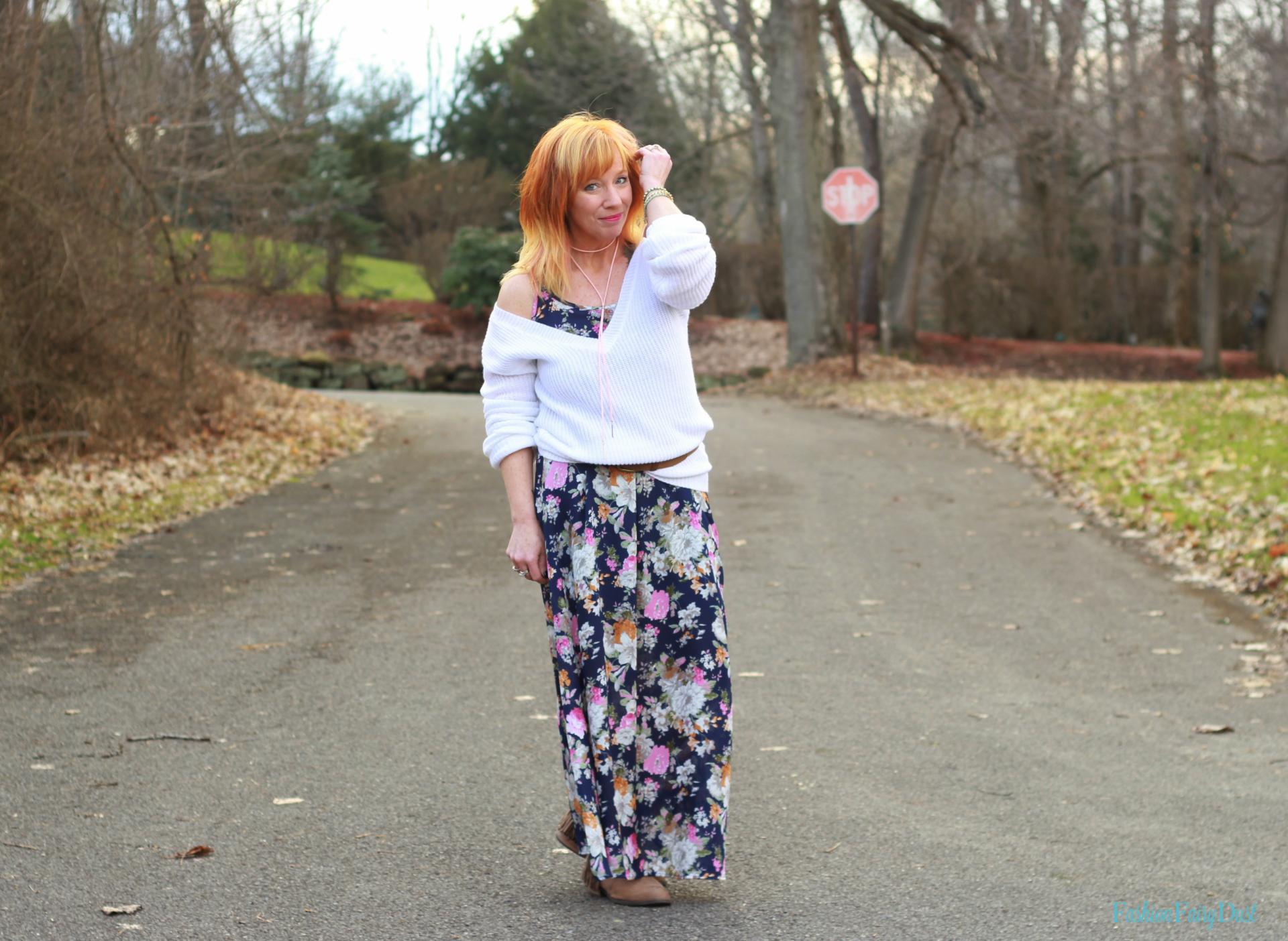 floral maxi dress, white shaker knit sweater, fringe ankle boots