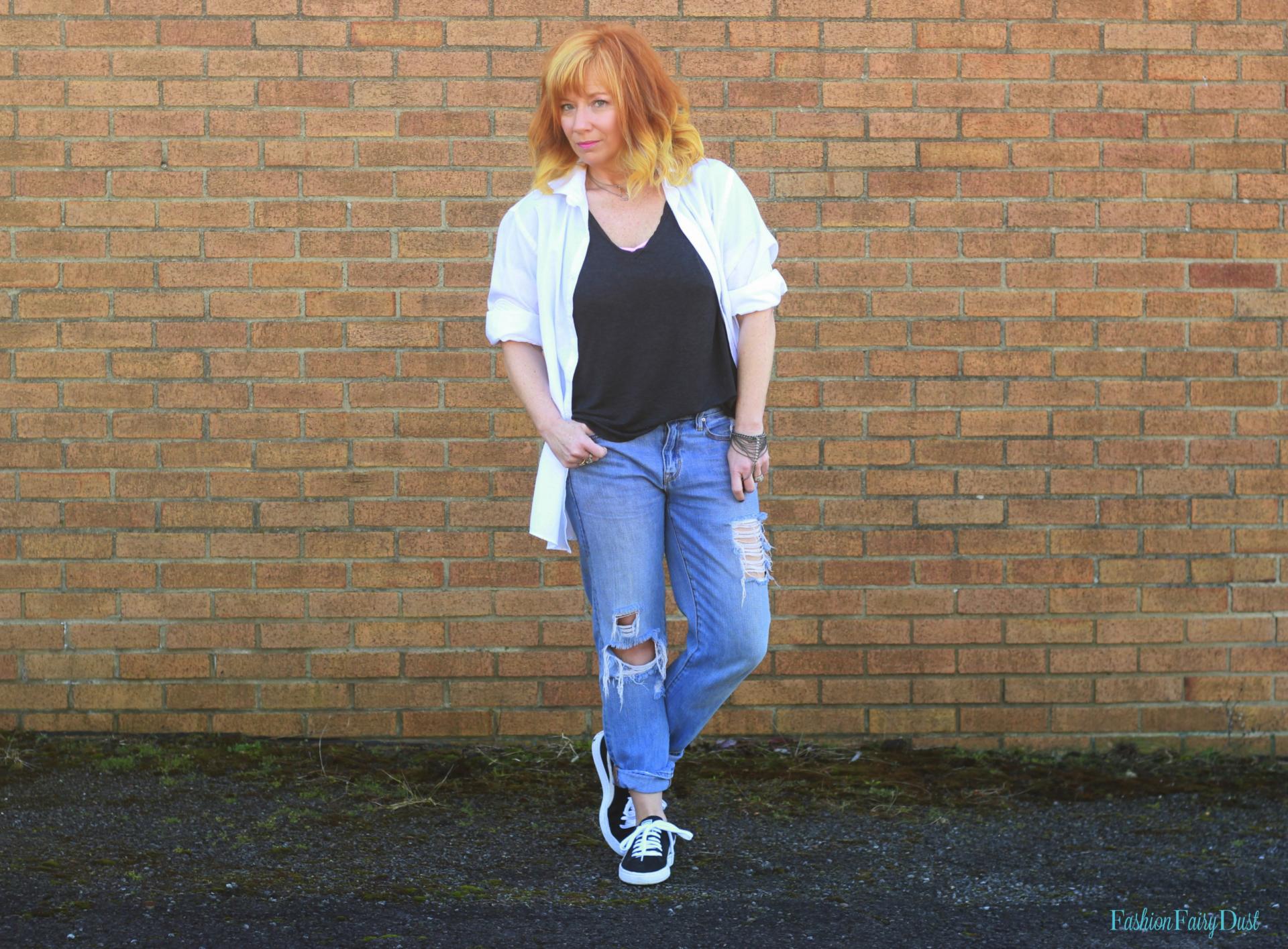 Gray tee, Puma sneakers and white button down. How to roll your sleeves like a pro.