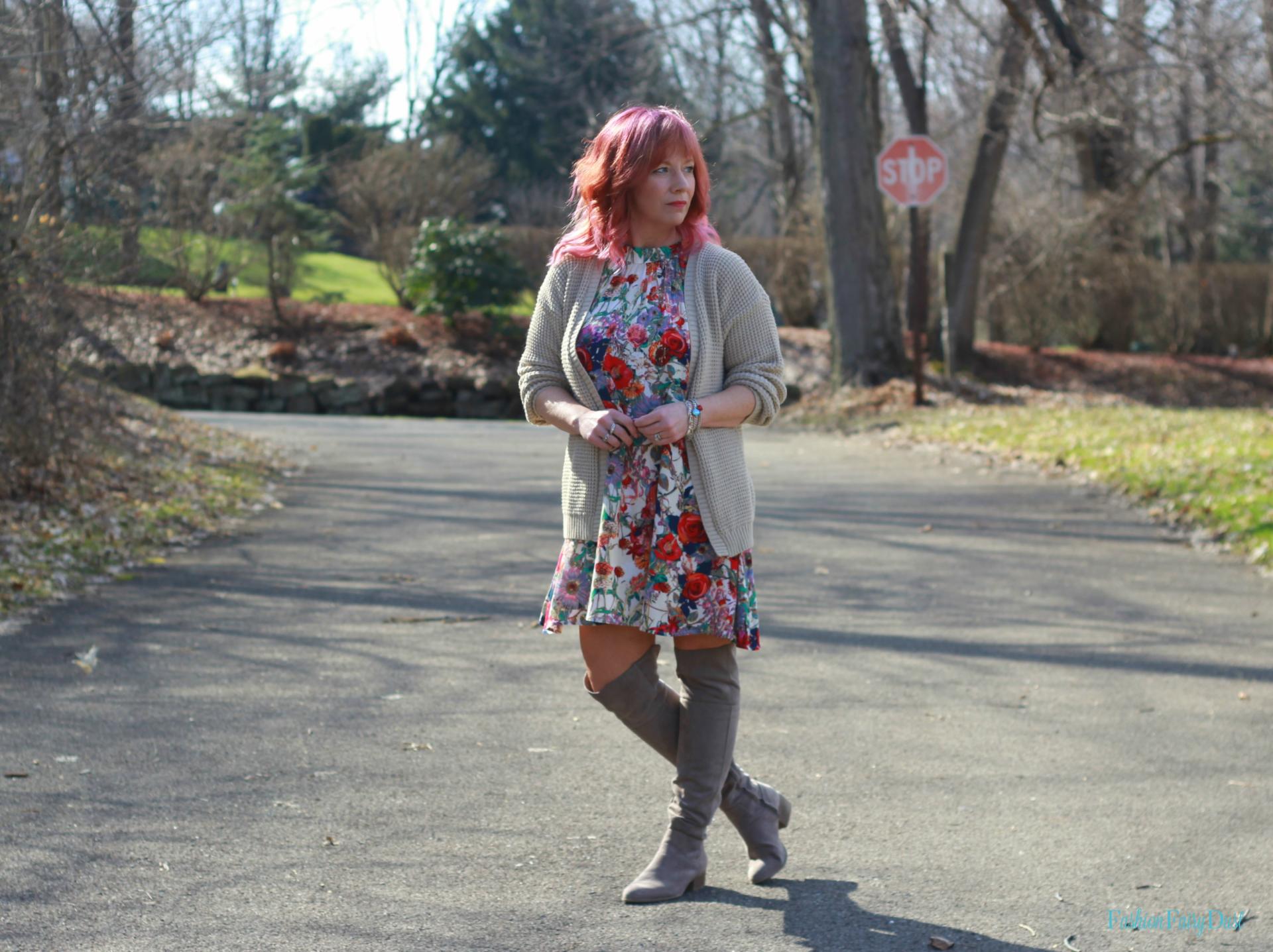 Floral tunic dress, chunky knit cardigan and over the knee boots. Dressing for Spring weather.