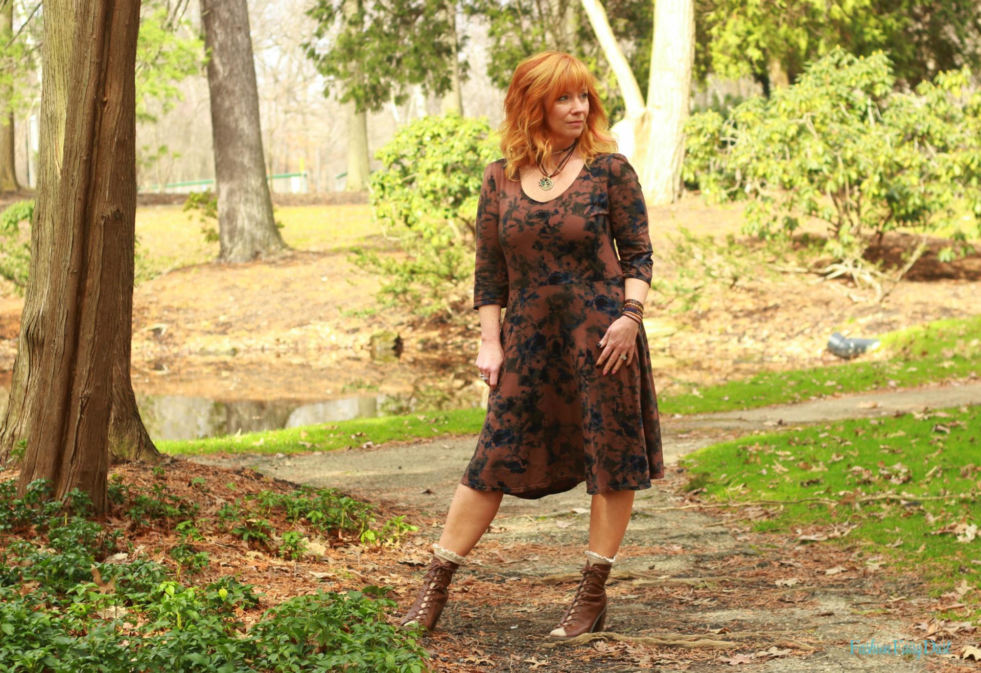 Floral print dress, peep toe ankle boots and socks. How to style open toe shoes with socks.