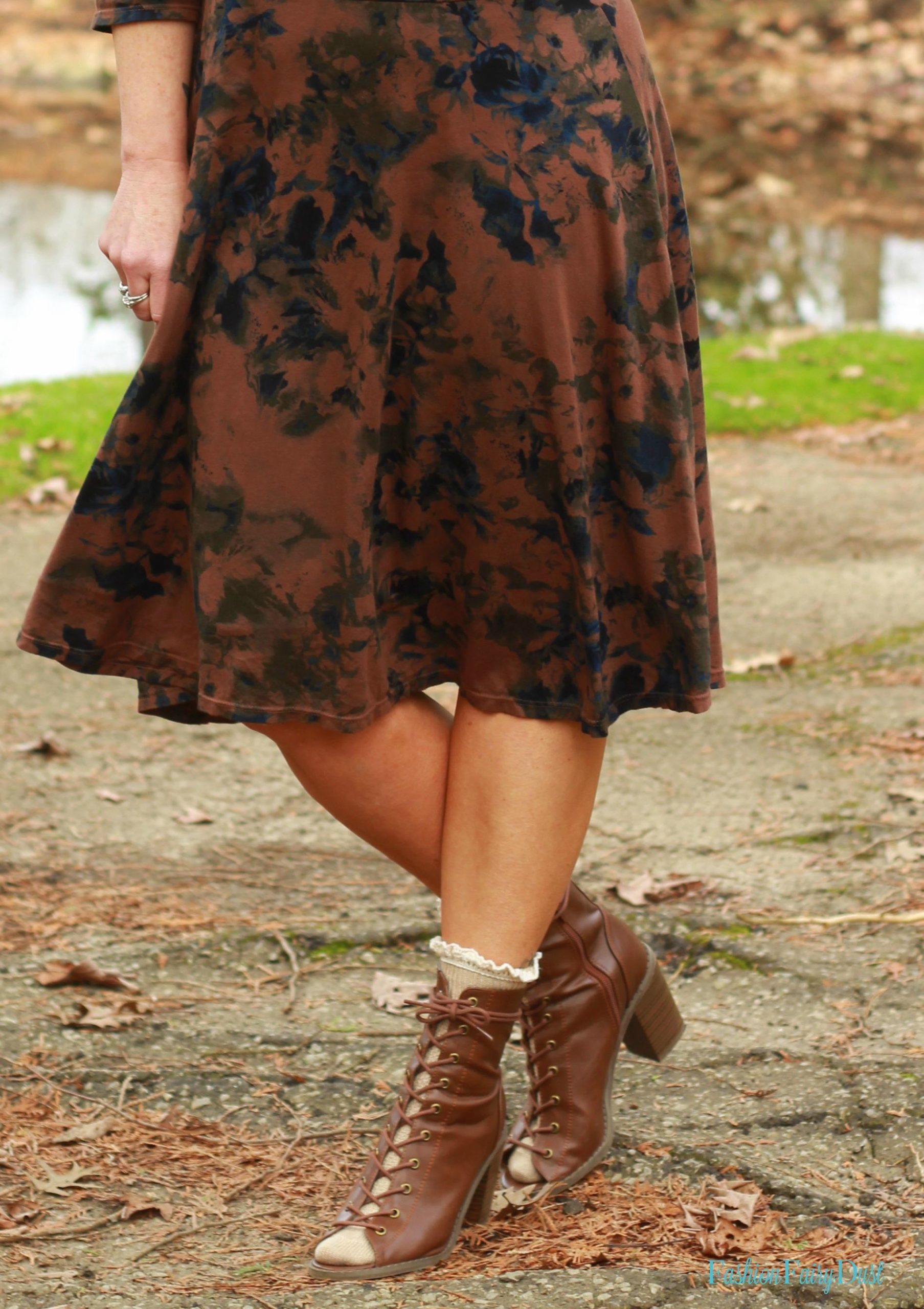 Floral print dress, peep toe ankle boots and socks. How to style open toe shoes with socks.