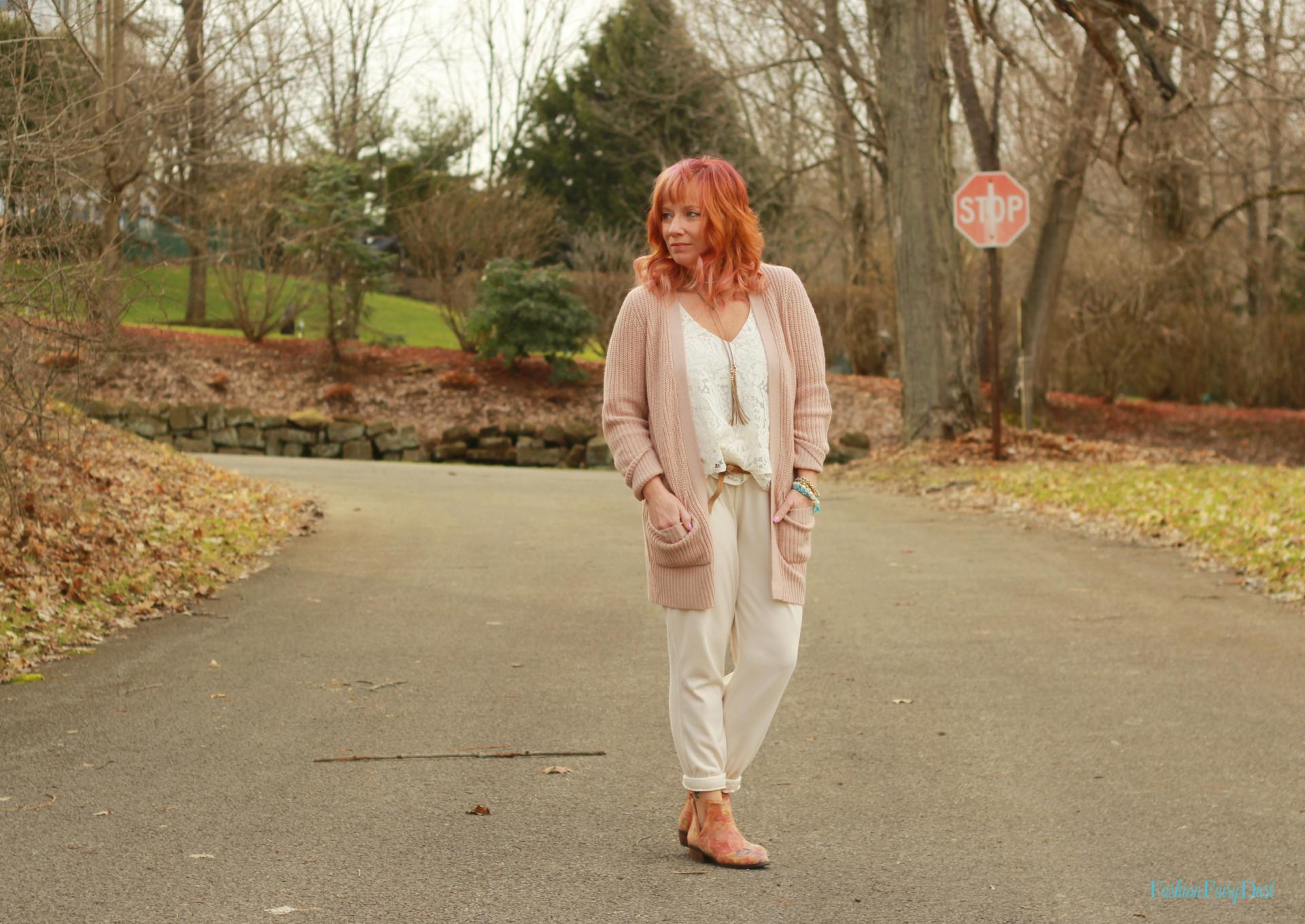 Blush cardigan, cream joggers and floral ankle boots. Easy transitional outfit.