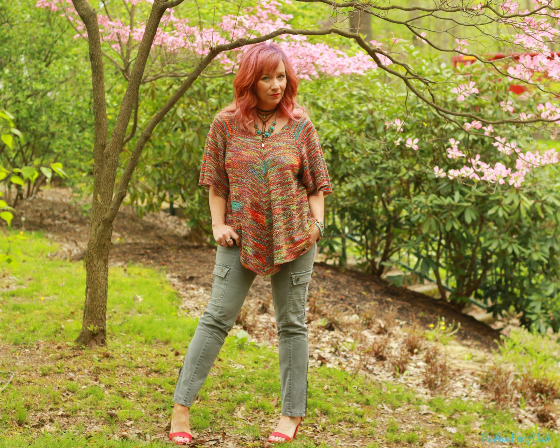 Red block heeled sandals, cargo pants and sweater.