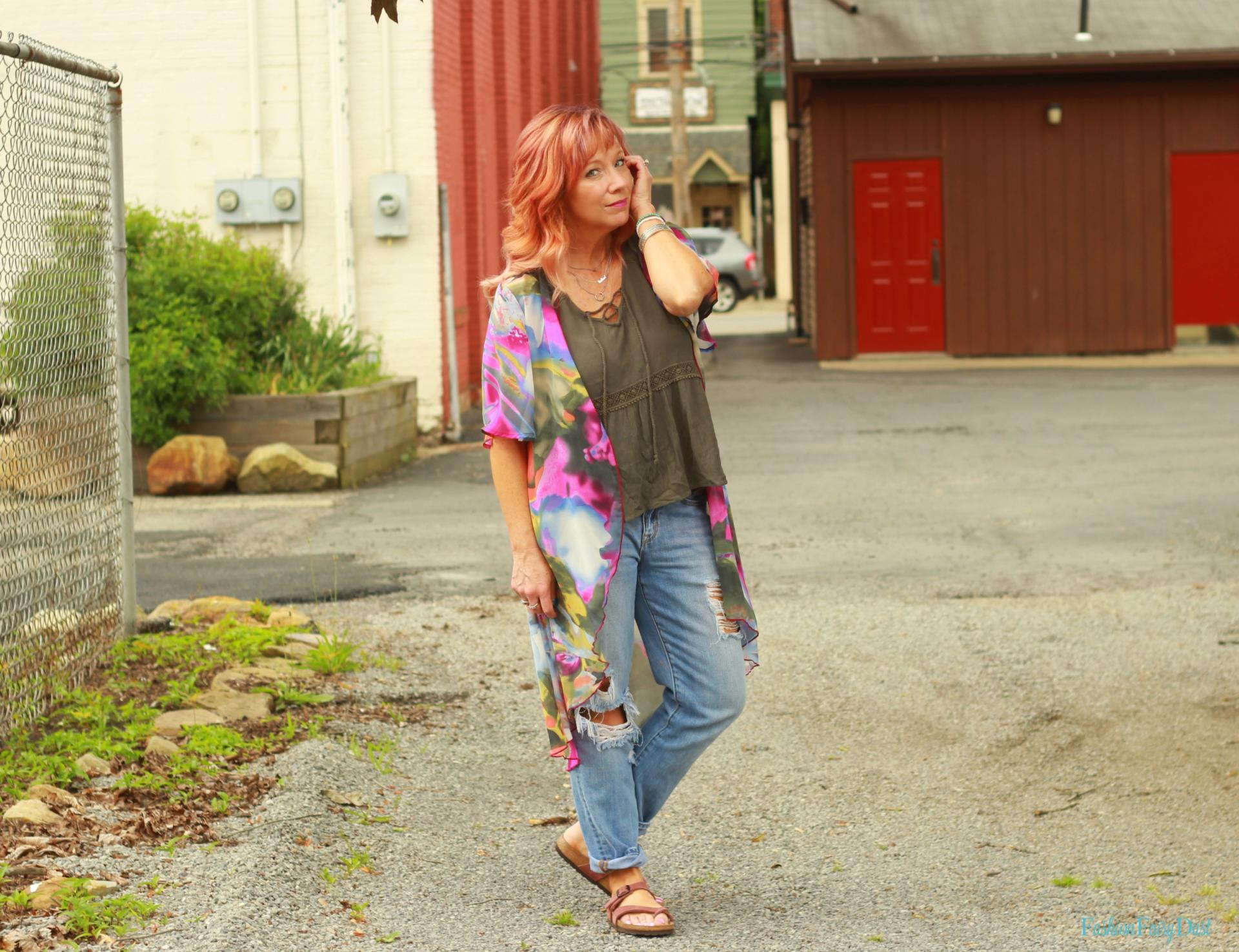 Multicolor kimono, Birkenstocks and distressed boyfriend jeans.