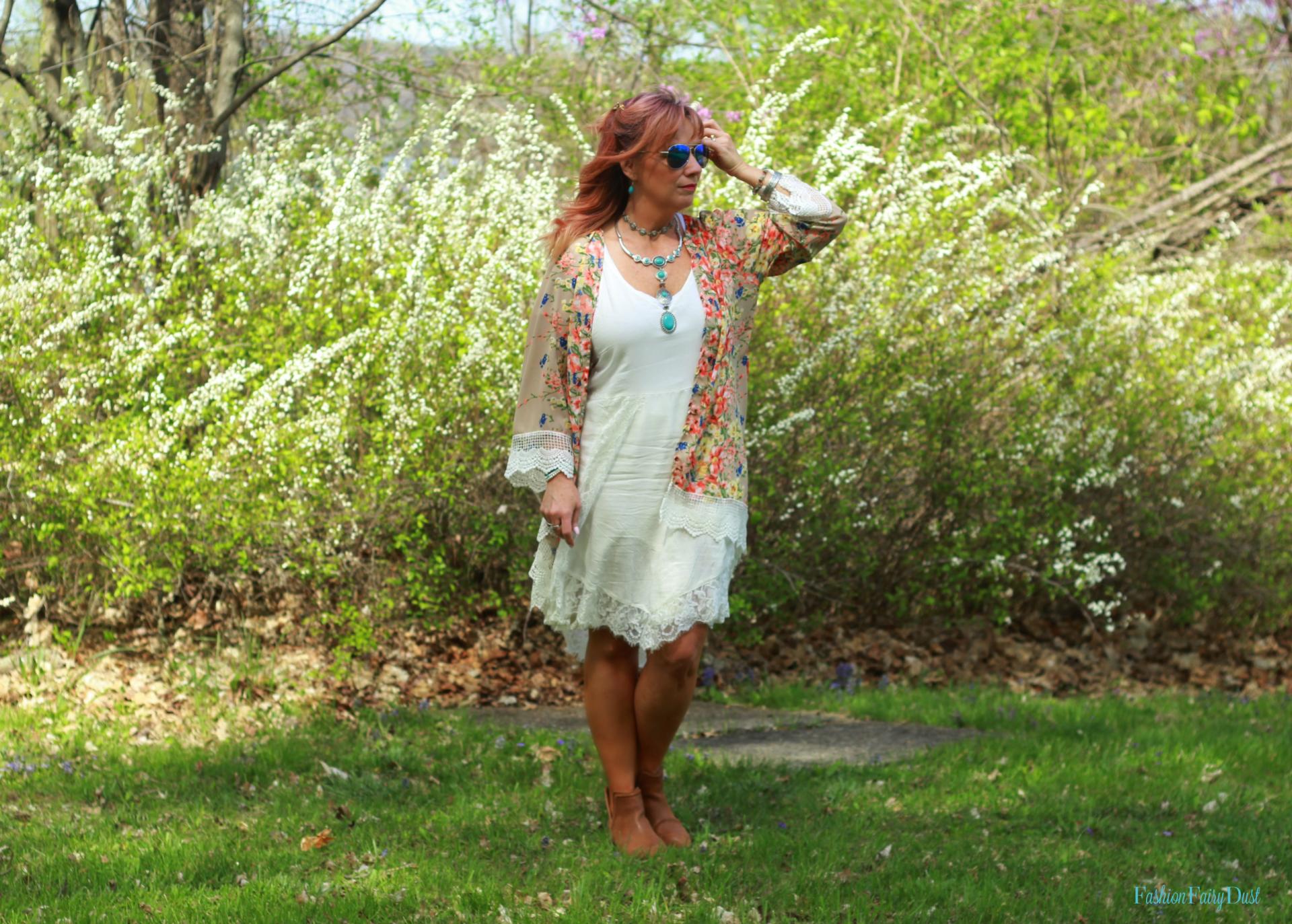 Floral print kimono, white sundress and ankle boots.