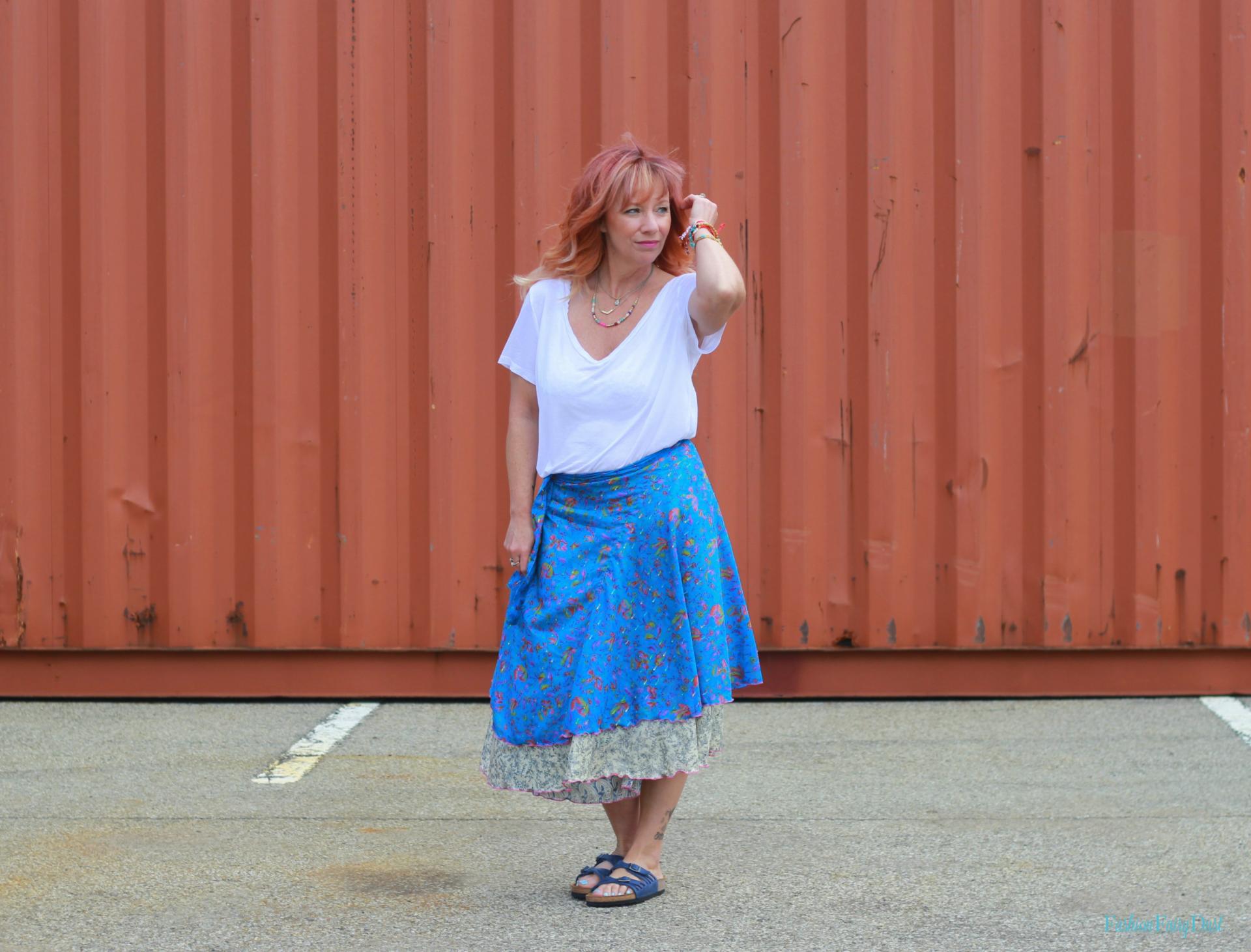 Magic wrap skirt, white tee shirt and Birkenstocks.