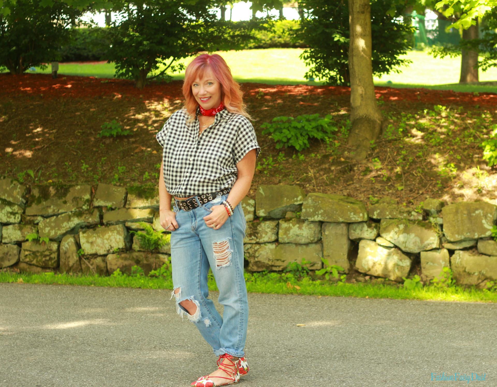 Gingham shirt, floral lace up flats and boyfriend jeans.
