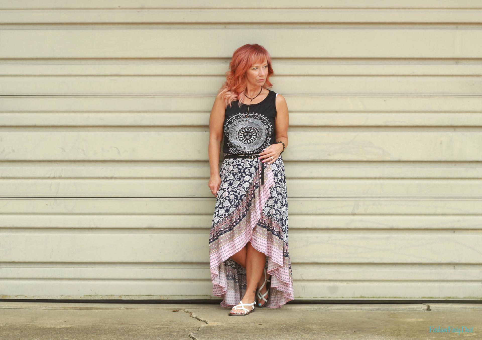 Ruffled skirt, moon graphic tank and sandals.