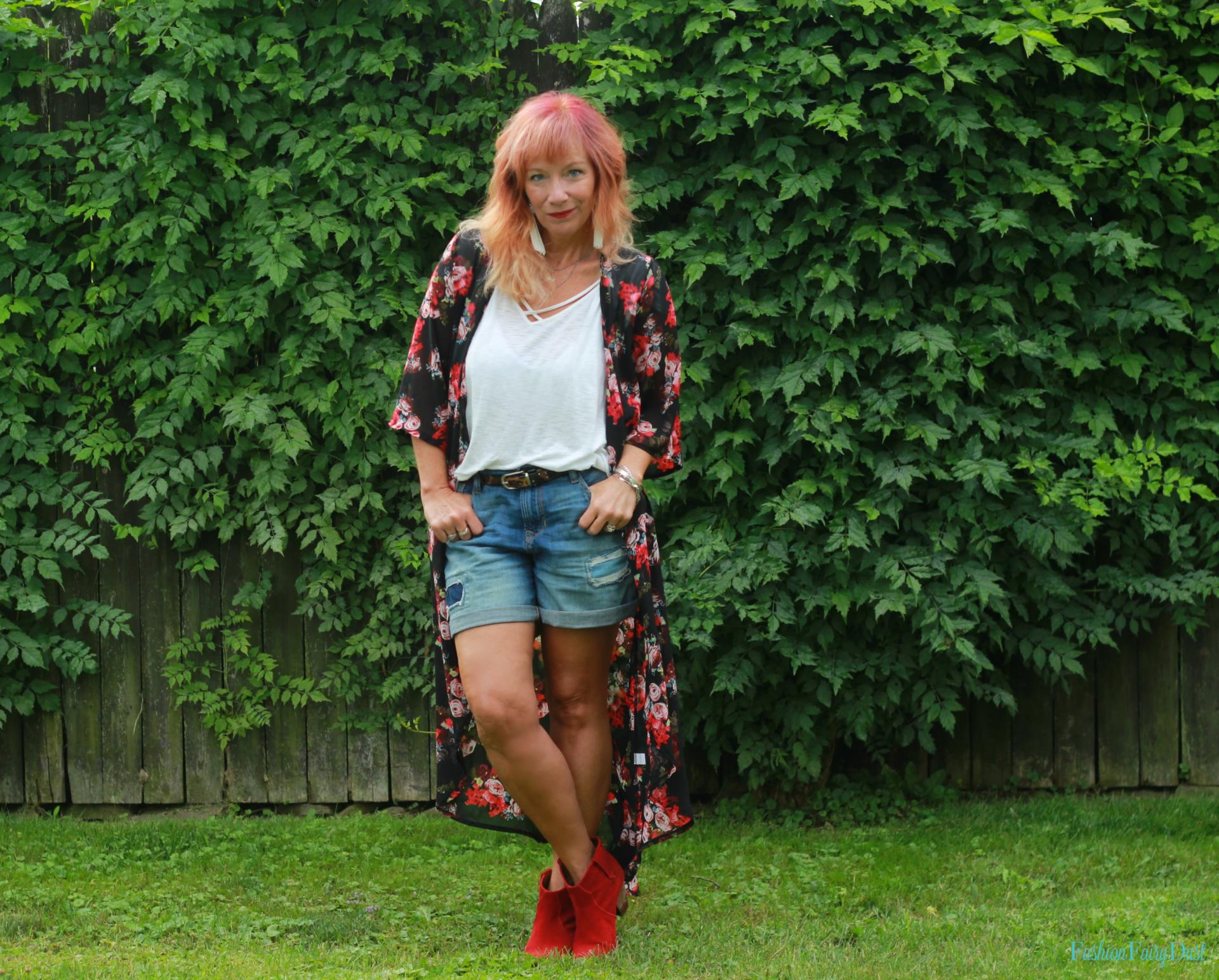 Floral long kimono, red ankle boots and denim shorts.