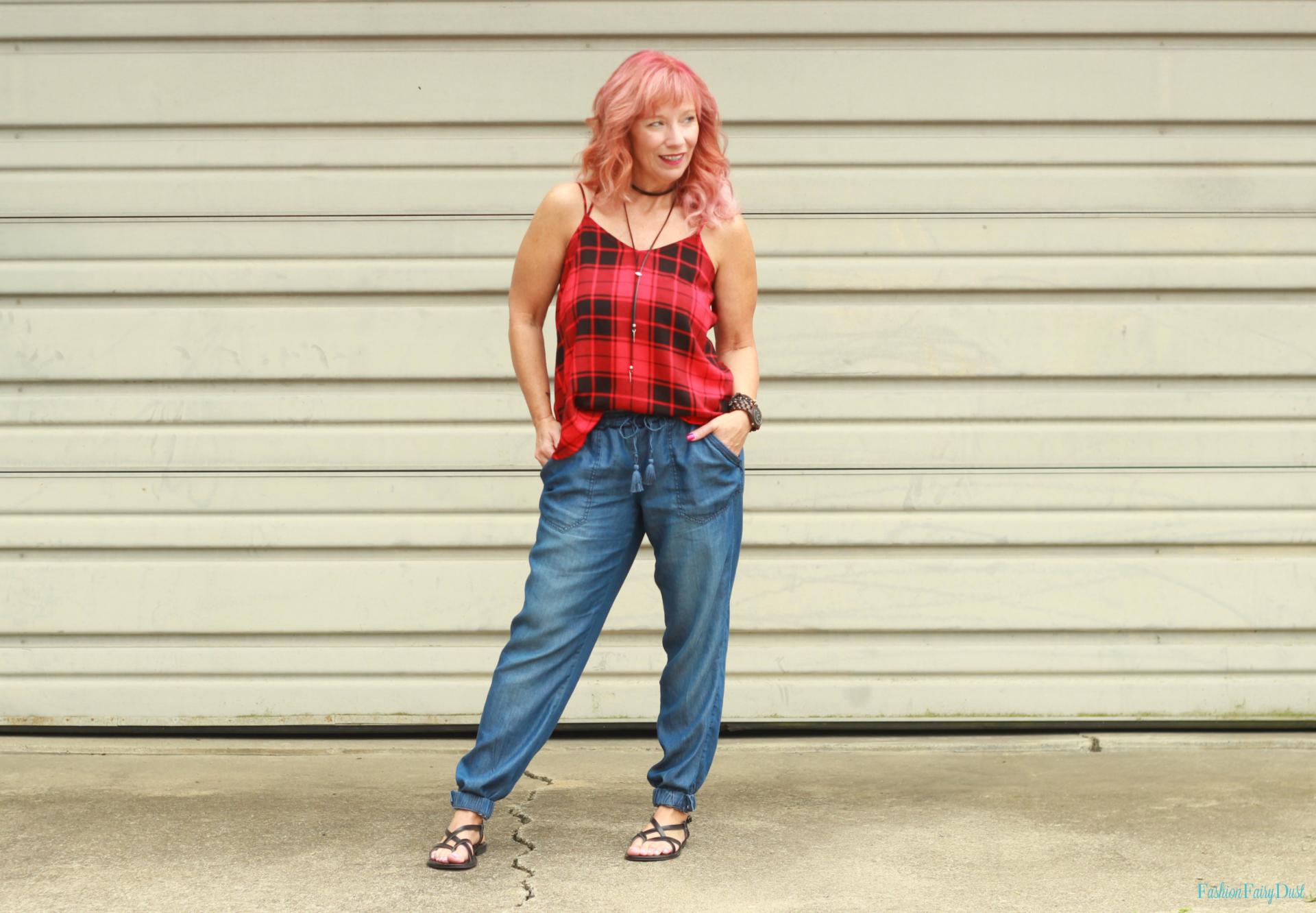 Plaid tank top, chambray joggers and black strappy sandals.