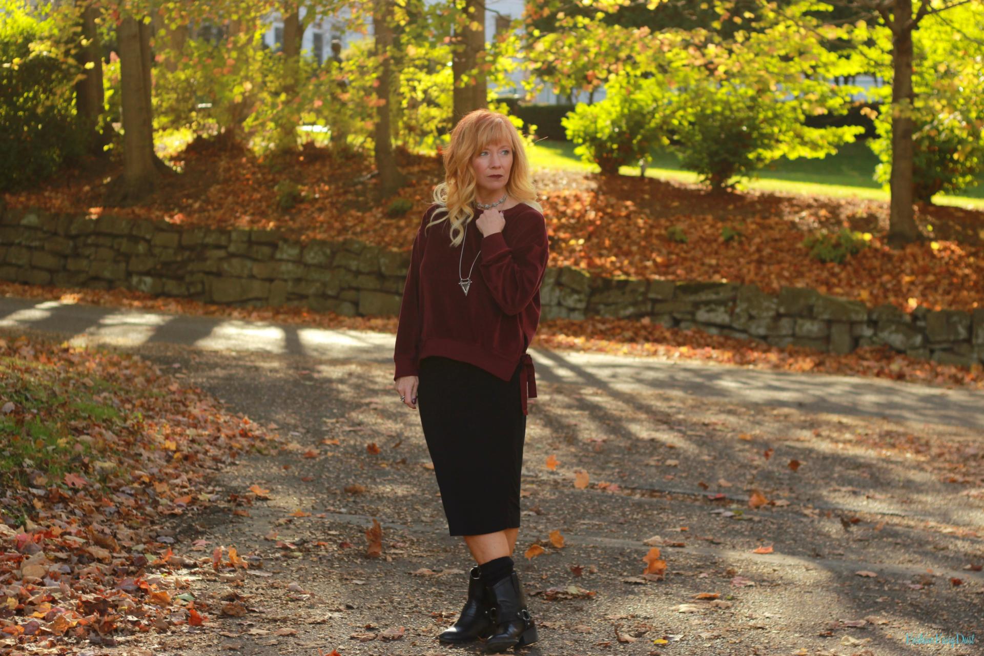 Burgundy velour top, midi pencil skirt and moto boots.