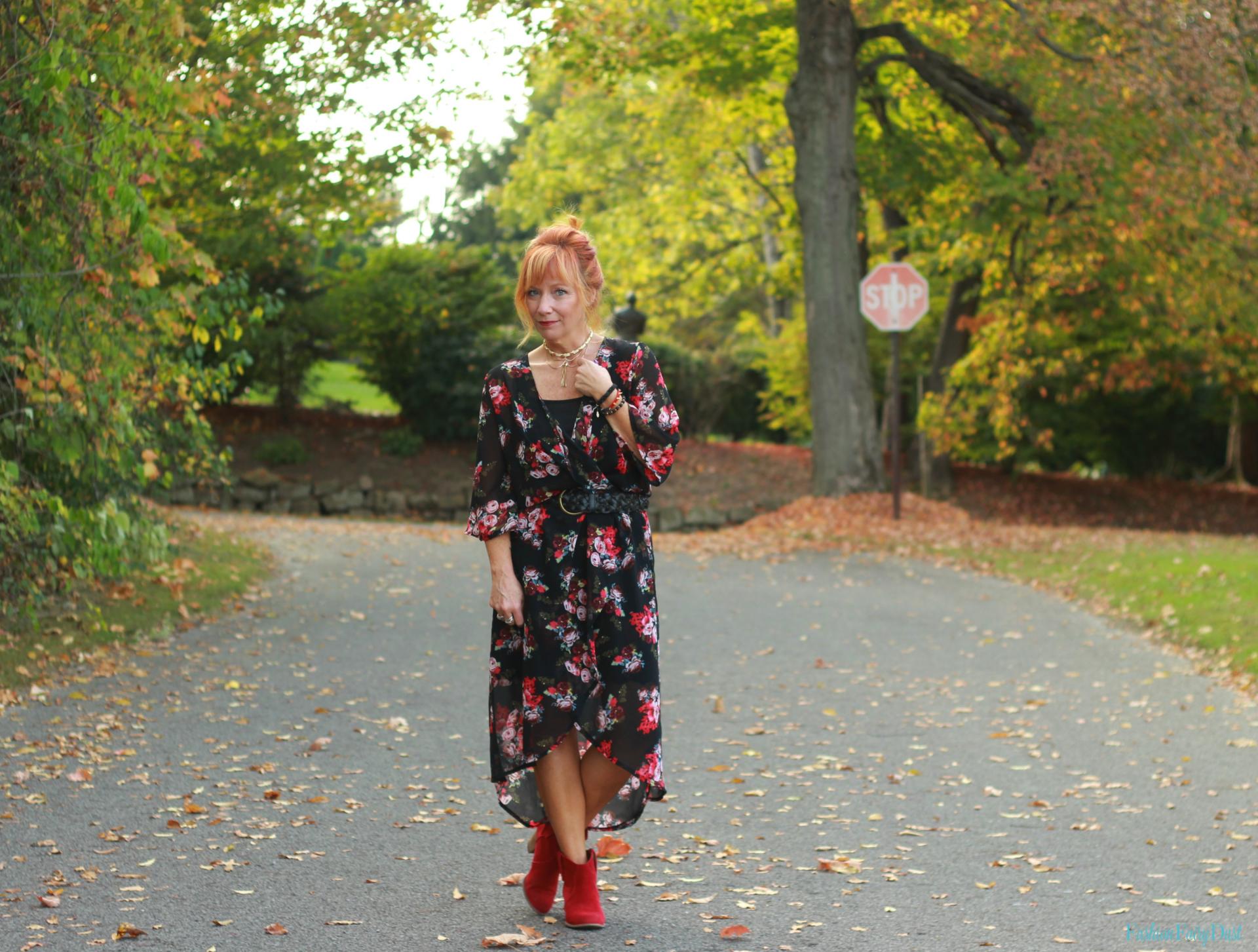 Floral kimono as a dress and red ankle boots.