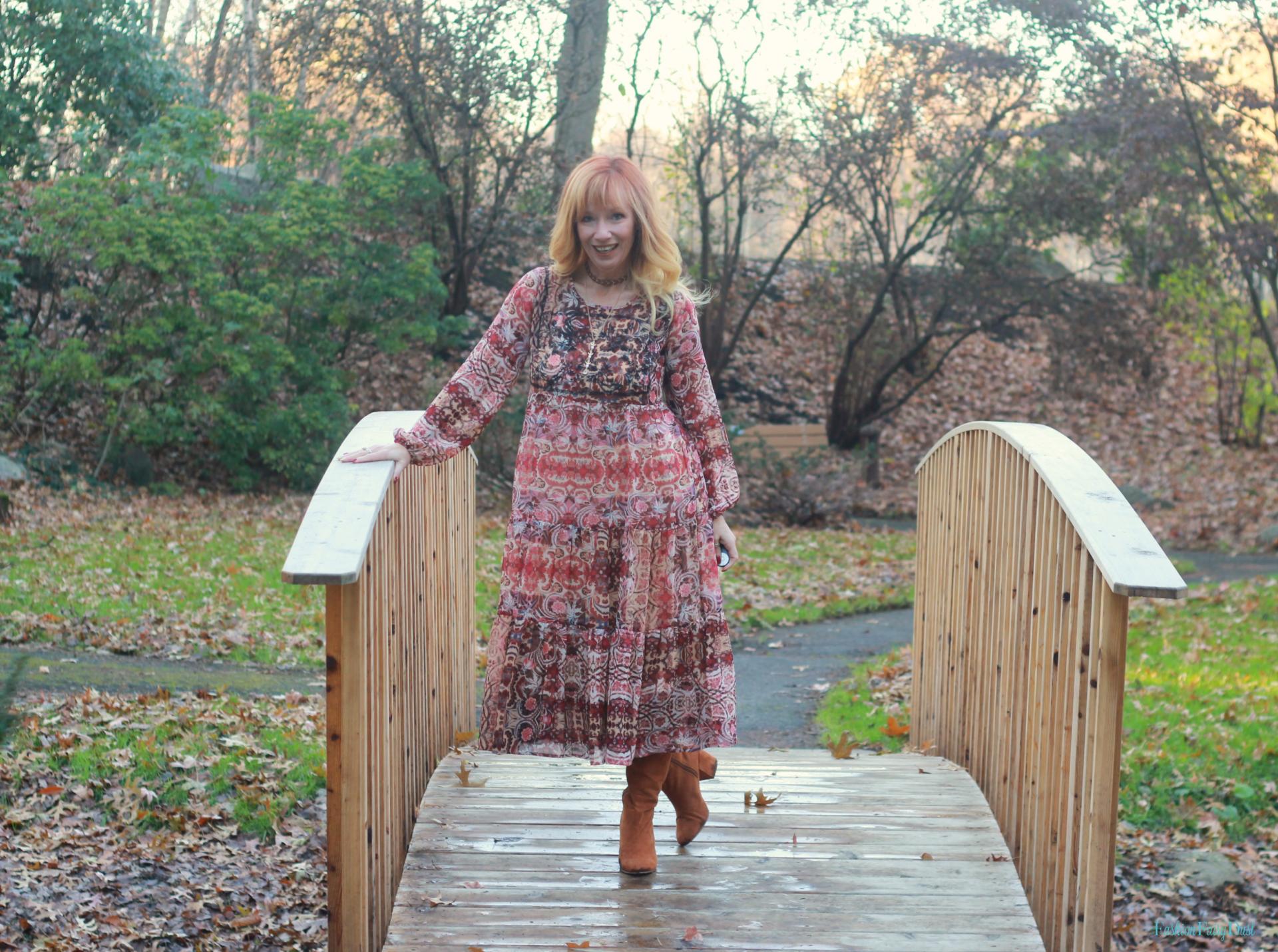 Boho midi dress and over the knee boots.