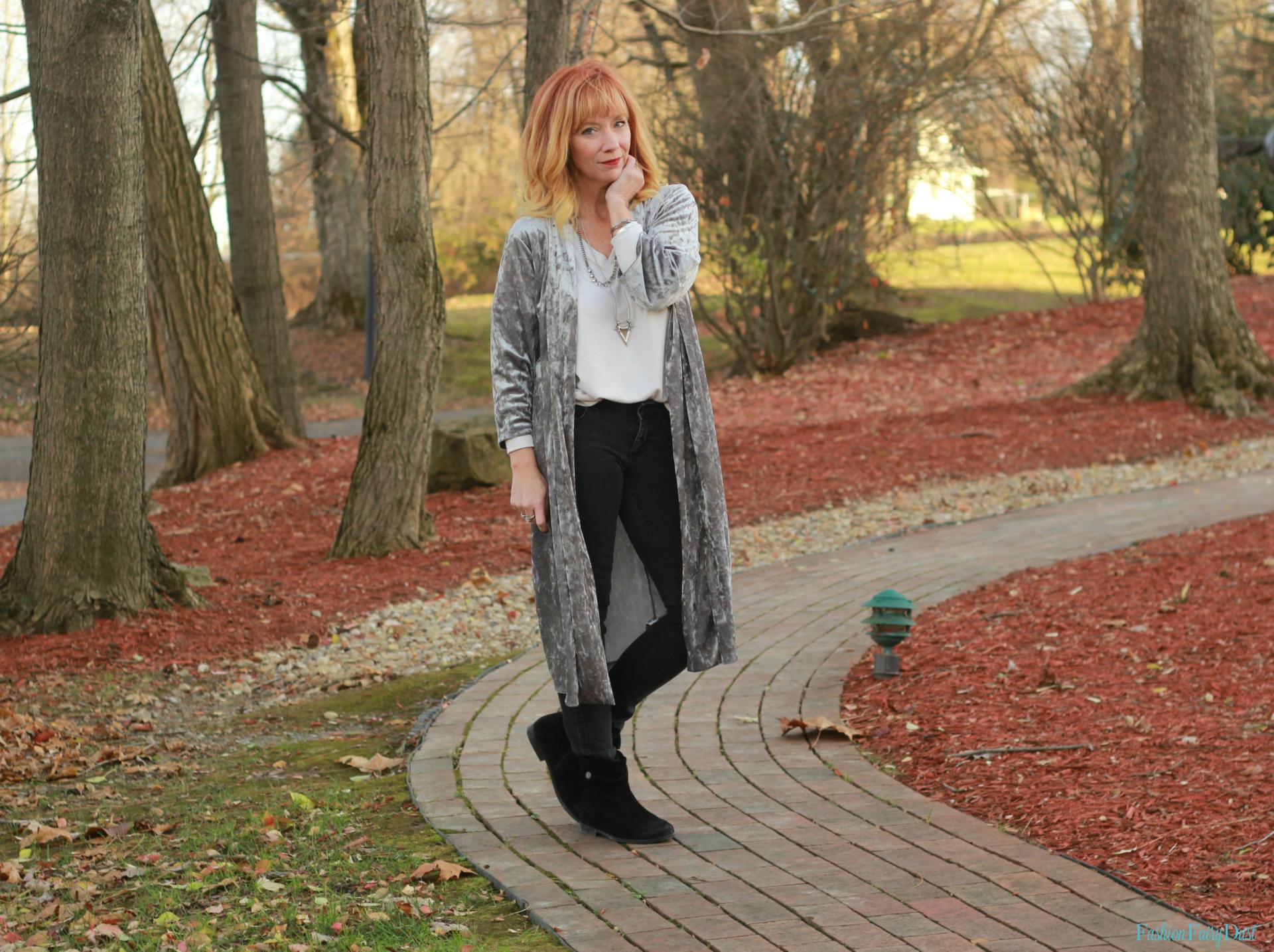 Velvet kimono, black skinny jeans and Birkenstock boots.