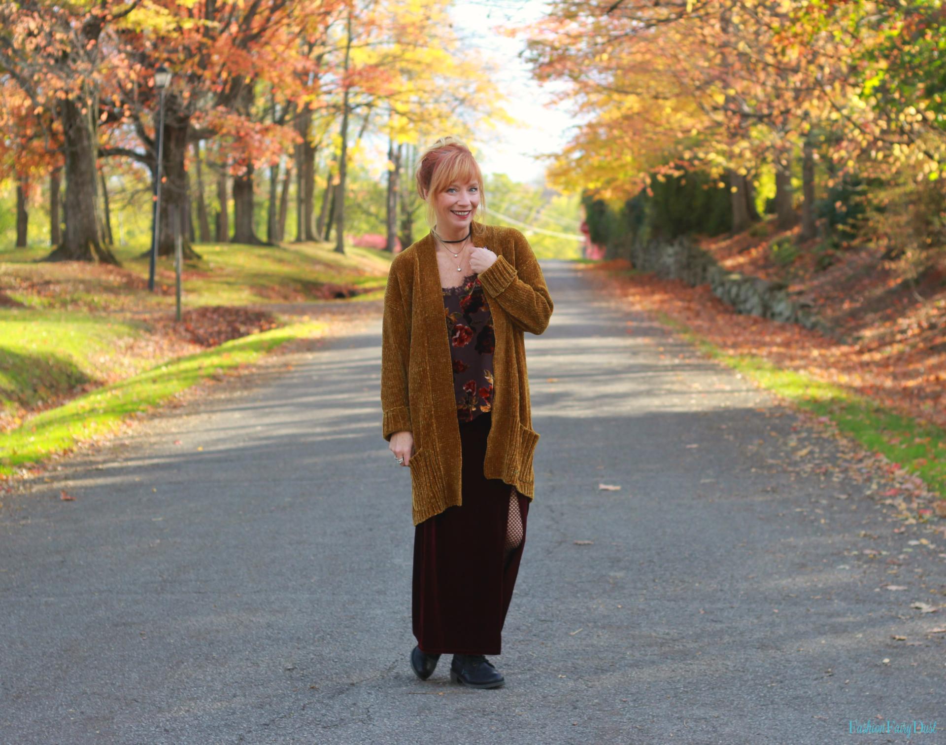 Chenille cardigan, burnout velvet cami and velvet maxi skirt.