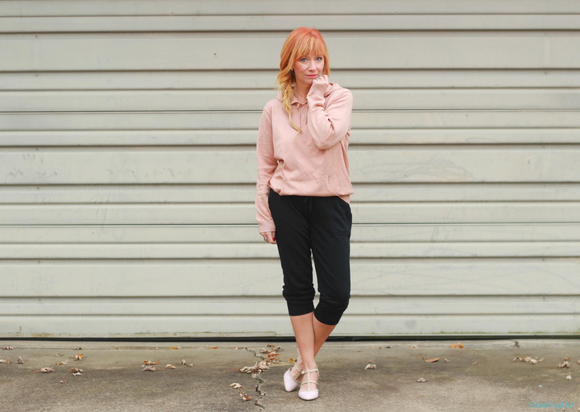 Hoodie sweater, blush pumps and joggers.
