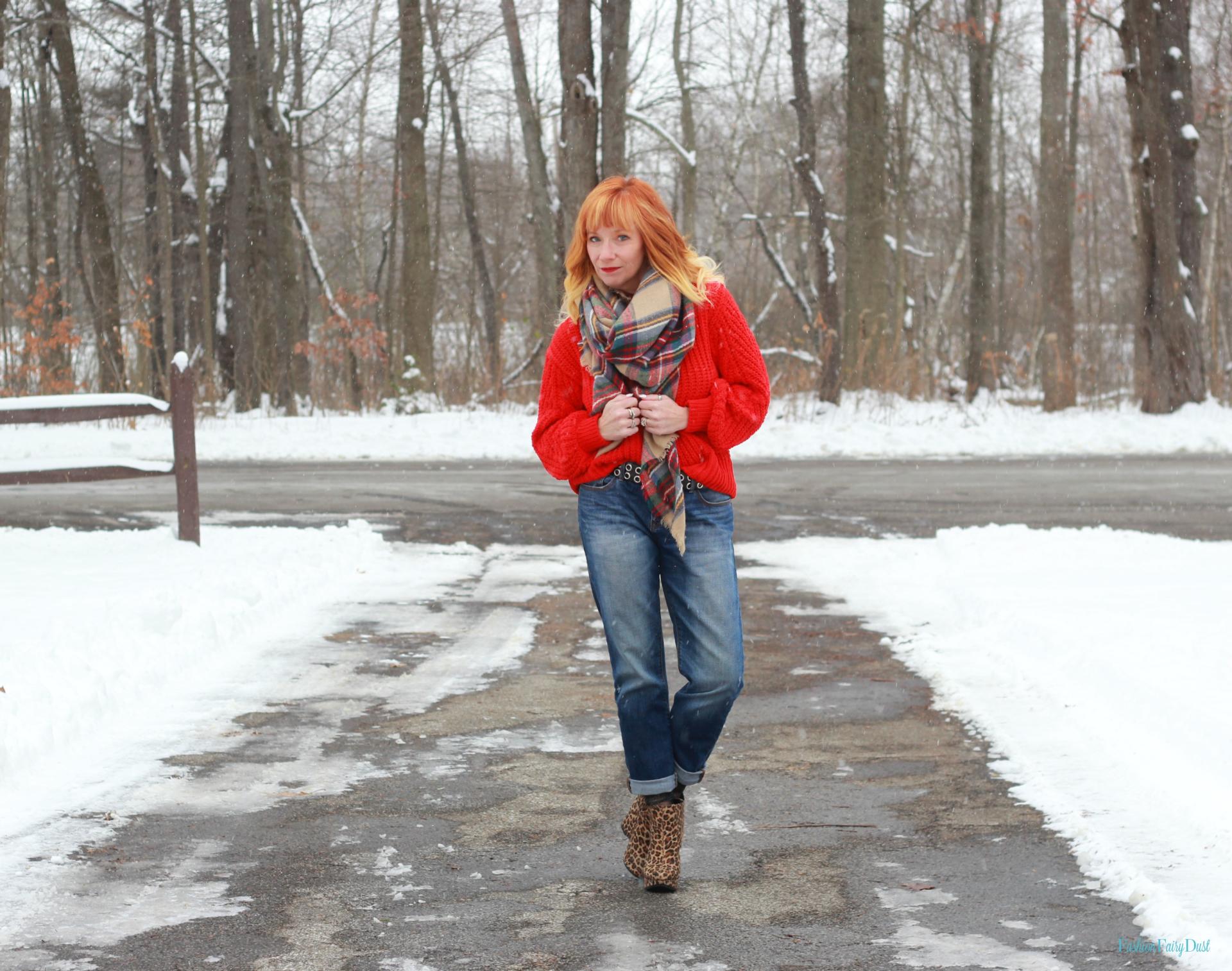 Red sweater, leopard ankle boots and plaid blanket scarf.