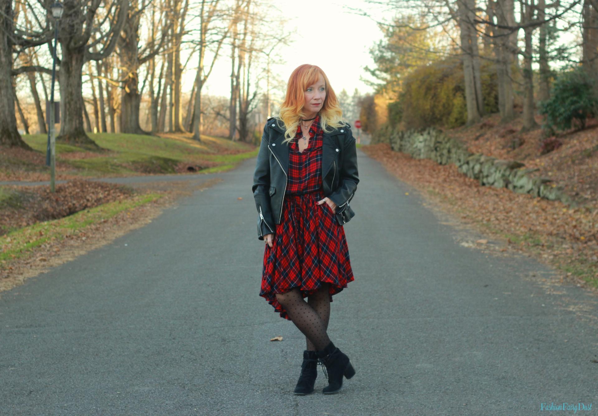 Plaid dress, moto jacket and black ankle boots.
