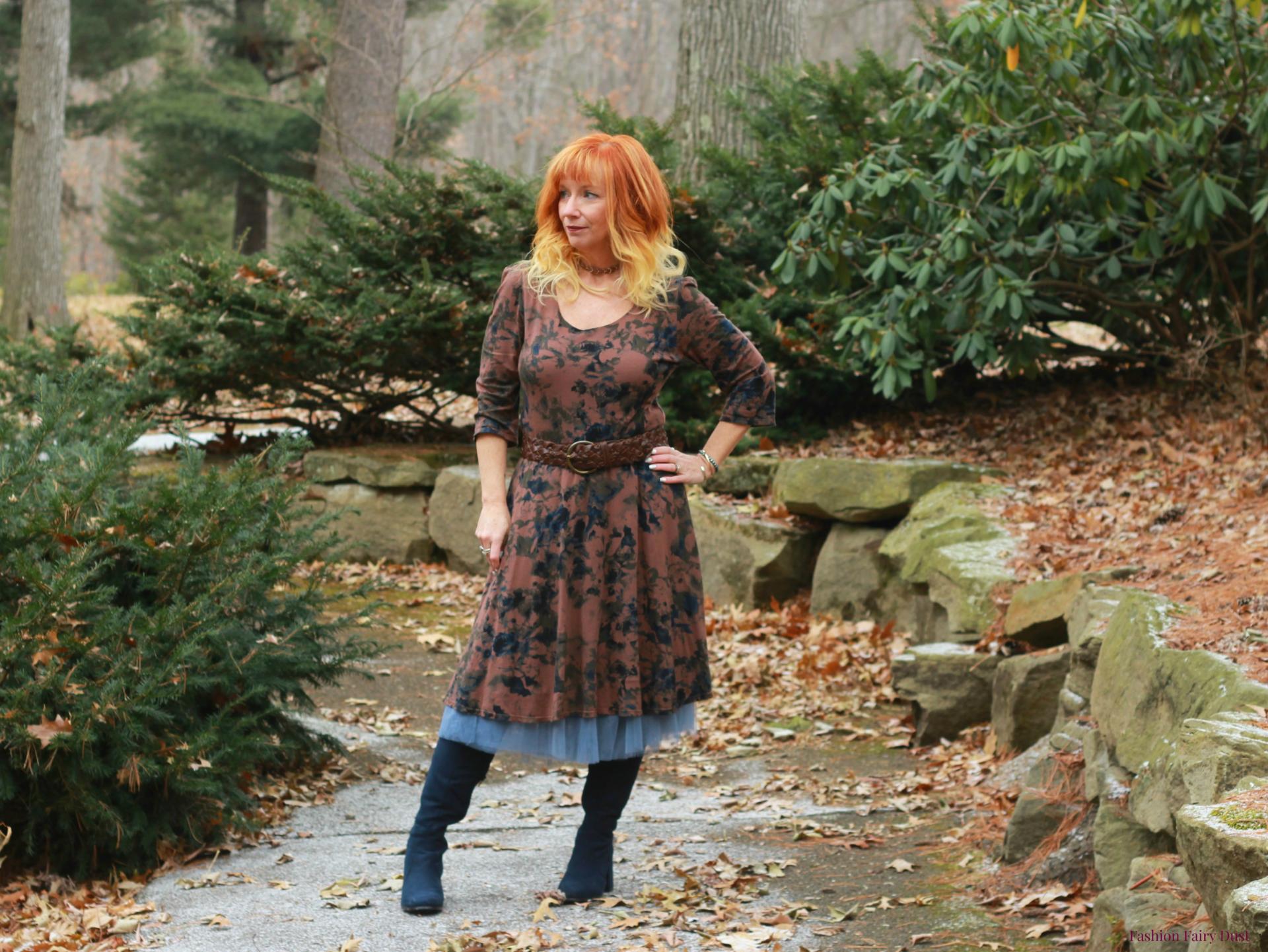 Fur trimmed denim jacket, floral dress and otk boots.