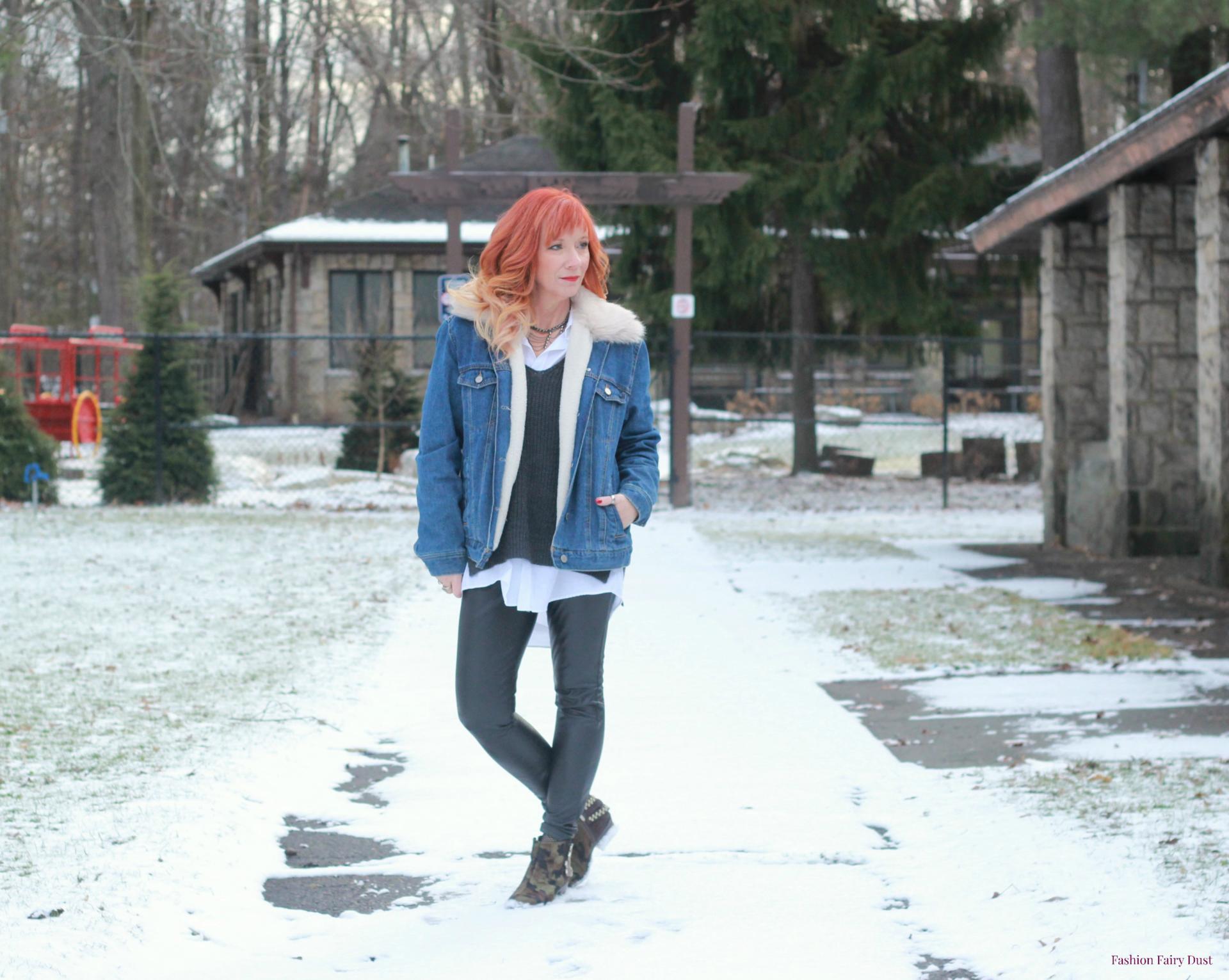 Faux leather leggings, white button down and sweater.