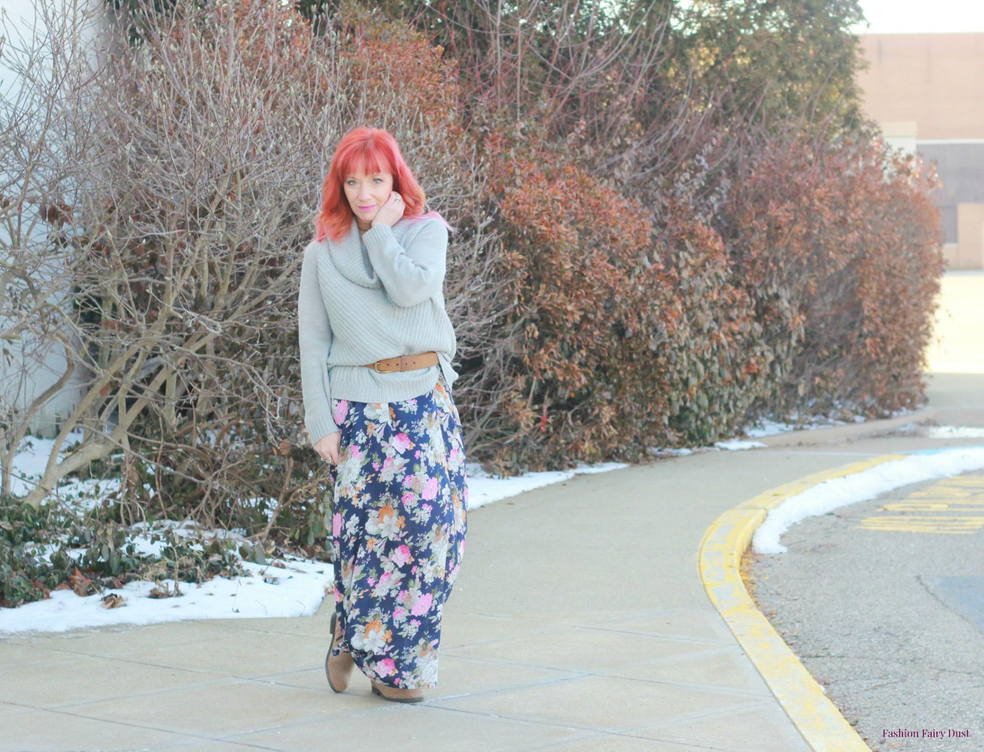 Floral maxi dress, gray sweater and Birkenstock boots.