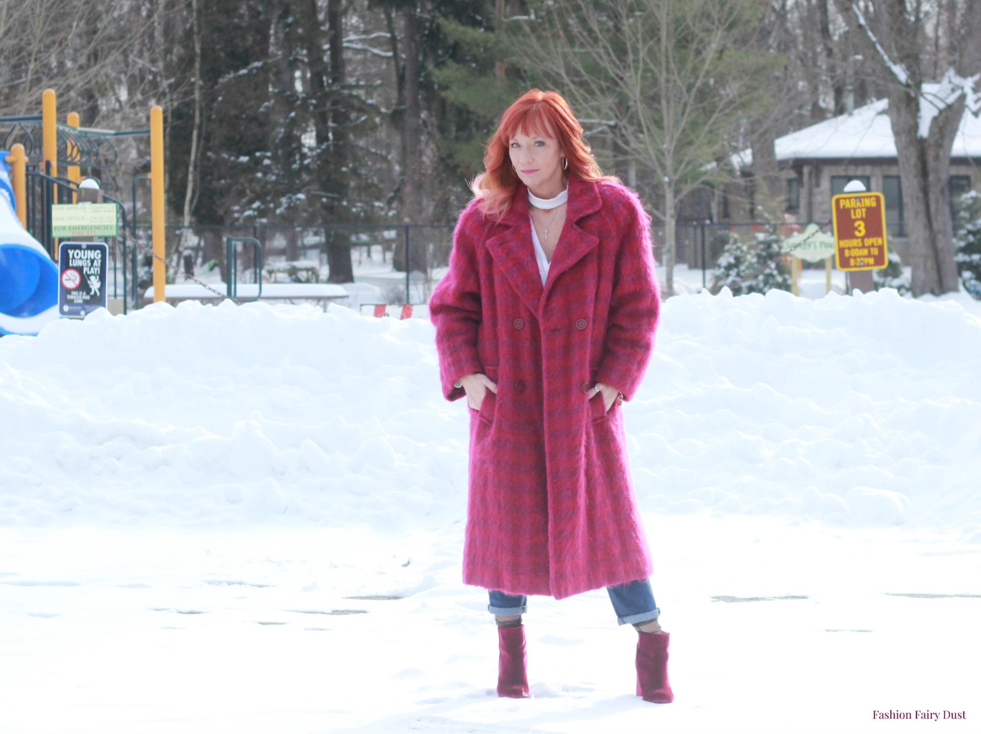 Pink vintage coat and pink velvet ankle boots.