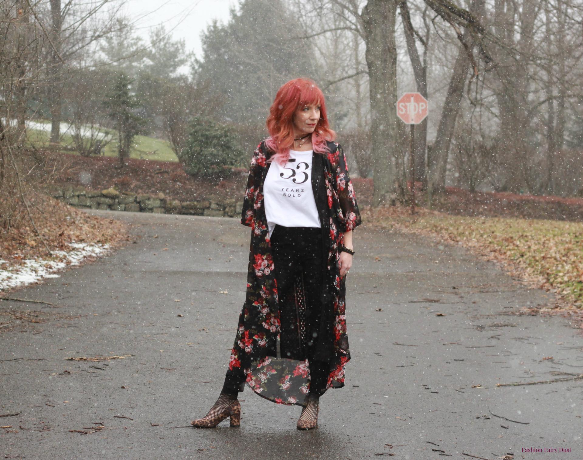 Floral kimono and leopard pumps.