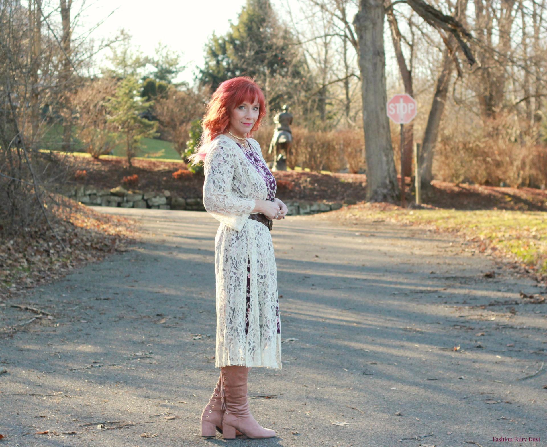 Burgundy floral print dress, lace duster and pink over the knee boots.