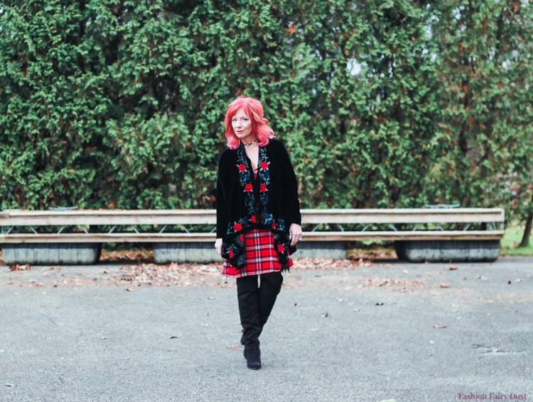 Velvet embroidered jacket, plaid slip dress & otk boots.