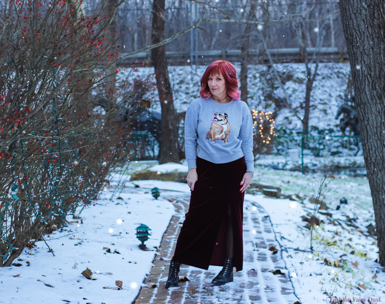 Velvet maxi skirt, bulldog sweatshirt and combat boots.