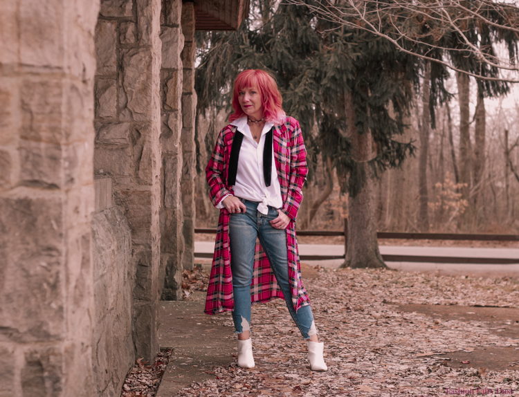Distressed cuff jeans, plaid duster & white ankle boots.