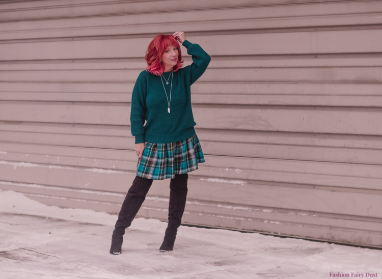 Plaid skirt, cozy sweater & Berkshire tights.